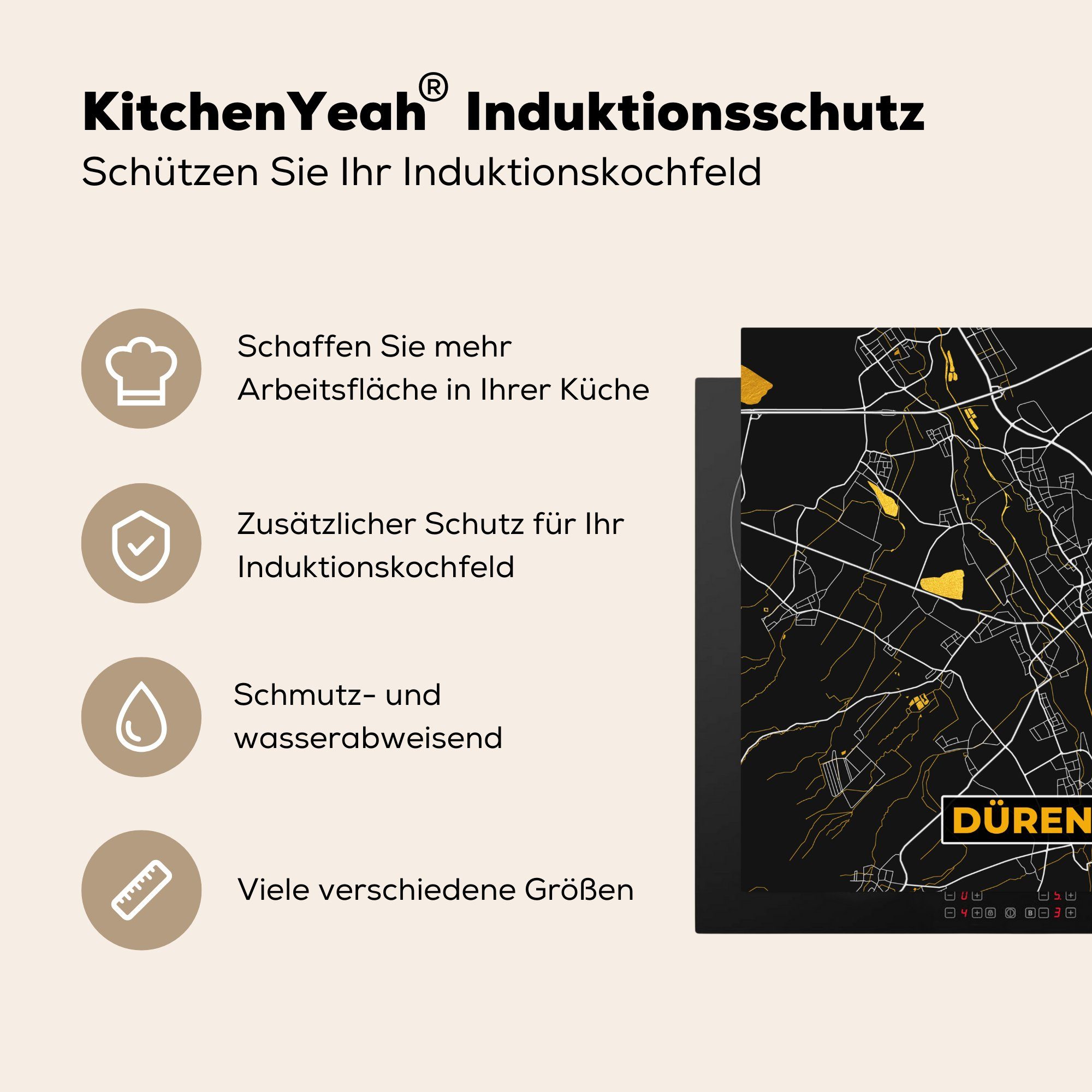 - Herdblende-/Abdeckplatte für Vinyl, - - - Ceranfeldabdeckung, Karte cm, Karte, - küche tlg), Stadtplan 78x78 Düren Gold MuchoWow Arbeitsplatte (1 Deutschland