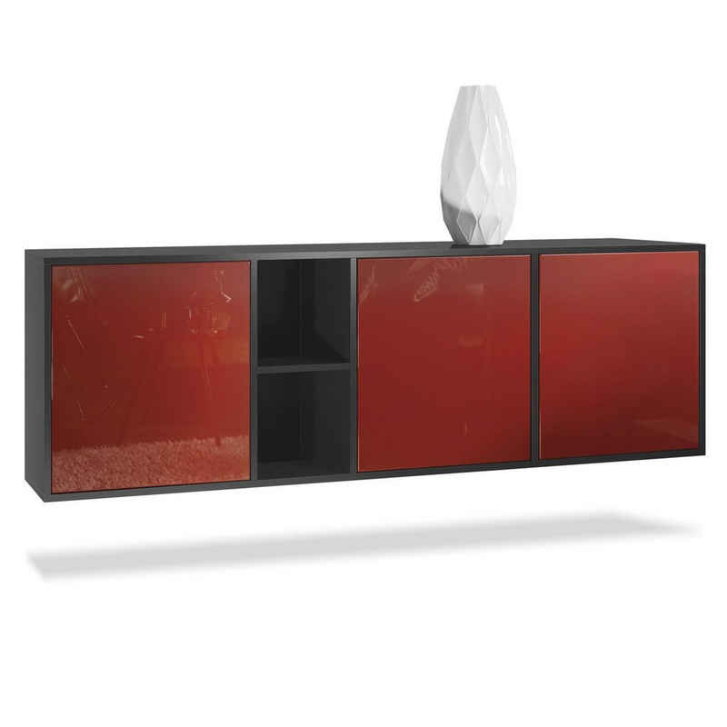 Vladon Sideboard Cuba (Kommode, mit 3 Türen und 2 offene Fächer), Schwarz matt/Bordeaux Hochglanz (182 x 53 x 35 cm)