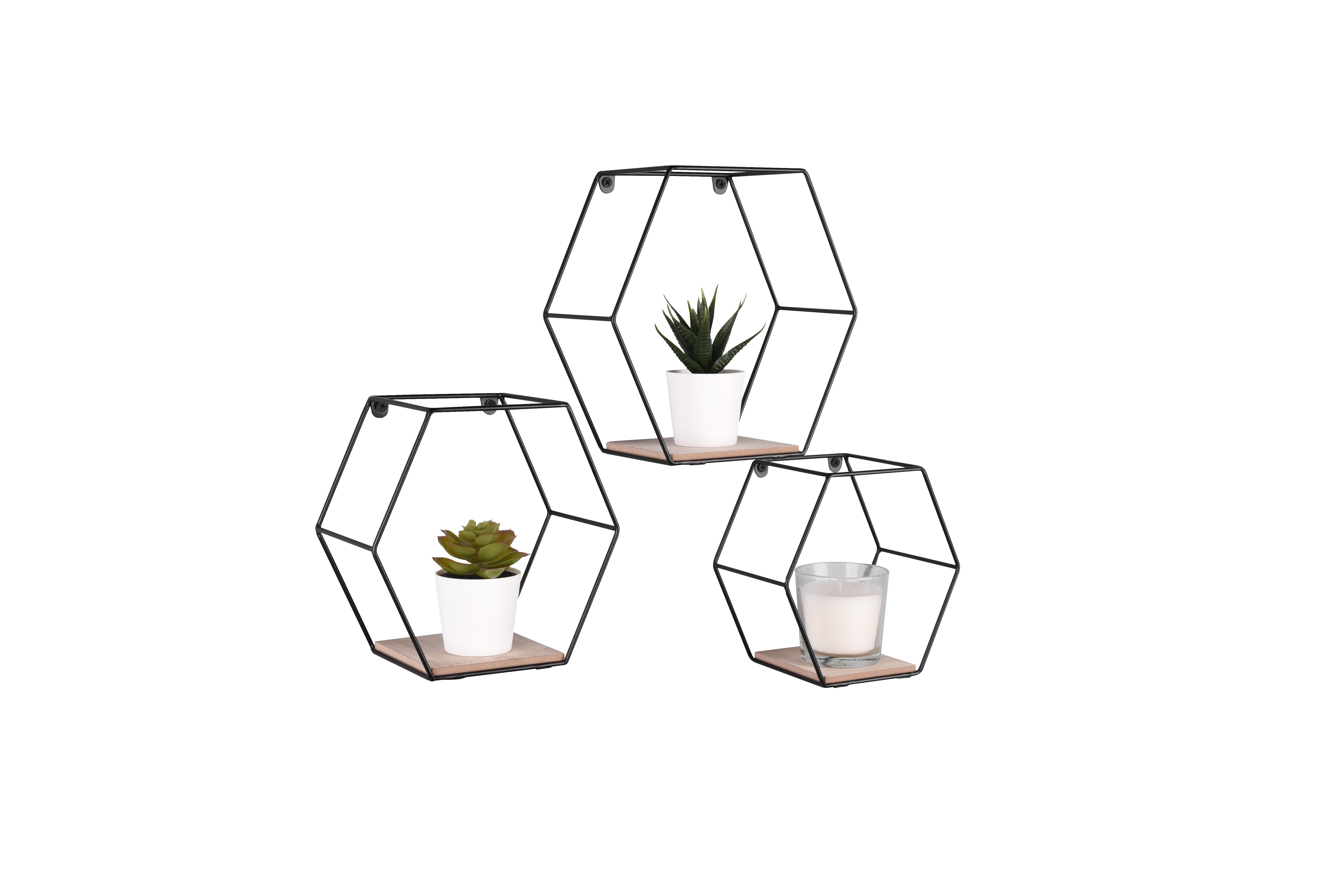 furnling Ablageregal Ciara, 3-tlg., Wandregal-Set in Hexagonform, aus Holz und Metall