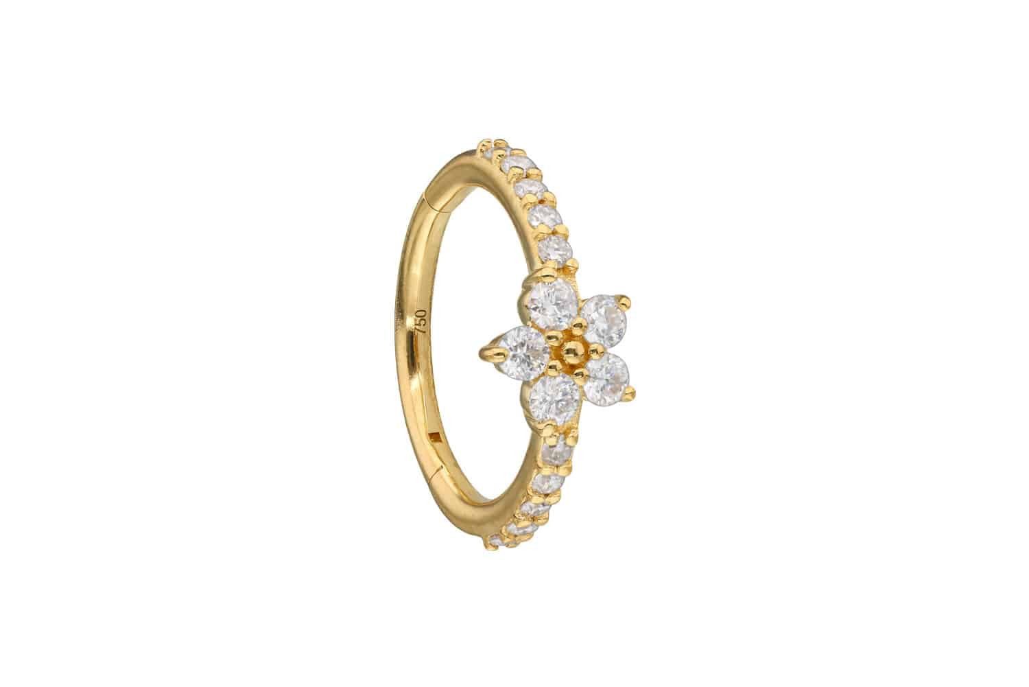 PIERCINGLINE Nasenpiercing 18 Karat Gold Segmentring Clicker MOISSANIT-BLUME + EINGEFASSTE (Clicker, 1-tlg), Ohrpiercing für Conch, Helix, Tragus, Daith, Lobe