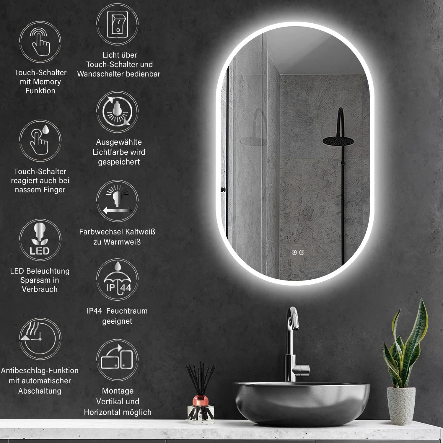 HOKO Badspiegel LED Design Antibeschlag Wandspiegel Neutral. 4mm Kaltweiß einschaltbar. mit Schalter Licht - Wandschalter Oval Touch + LED HD Wechsel - mit (Warmweiß Glass) und Memory-Funktion.IP44