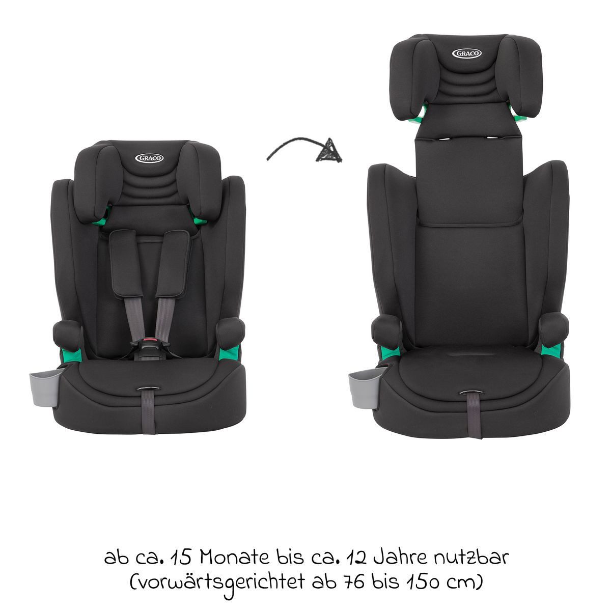 Graco Autokindersitz Eldura - Midnight, Kinder Autositz ab 15 Monate - 12 Jahre (76 cm -150 cm)