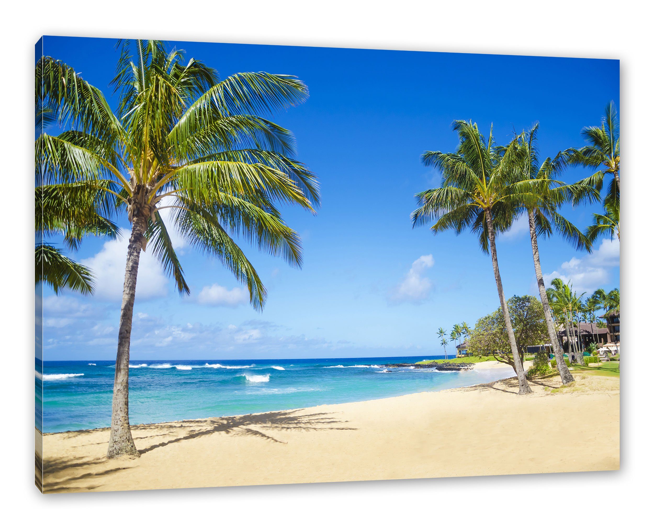 Pixxprint Leinwandbild Wunderschöner Strand mit Palmen, Wunderschöner Stran günstig online kaufen