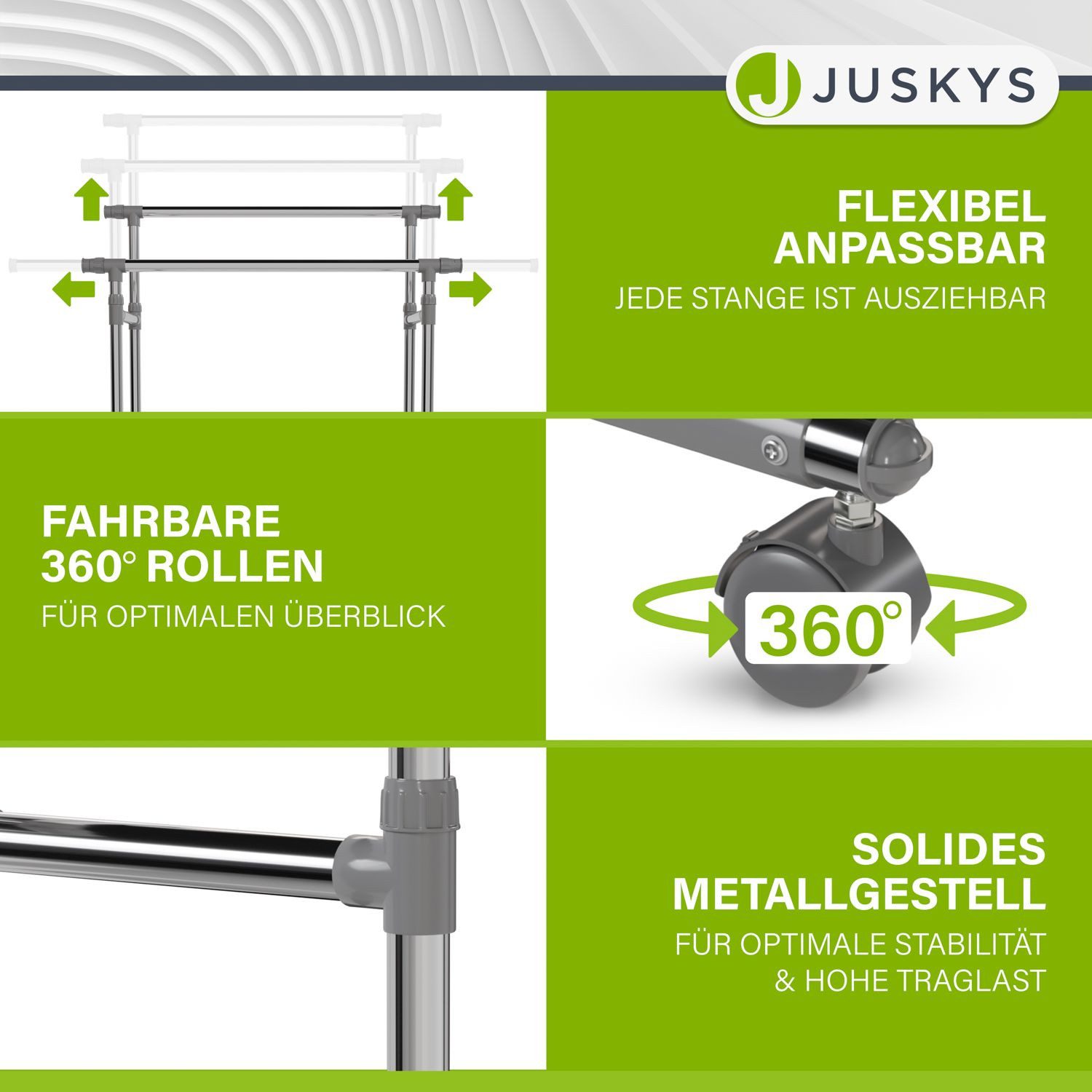 Juskys Kleiderständer, (Stangen stufenlos höhenverstellbar & ausziehbar), mit Doppelstange & Ablage, freistehender Metall Ständer auf Rollen