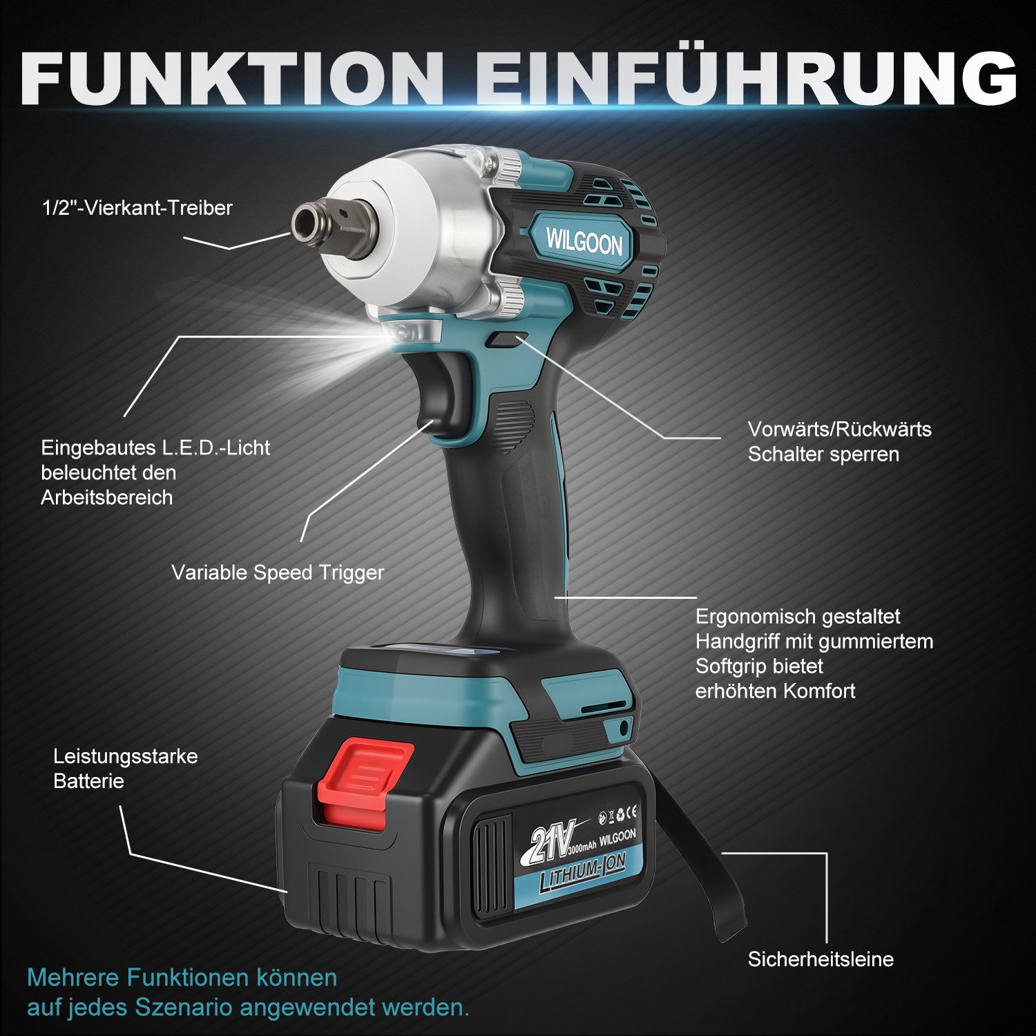 oyajia Akku-Schlagbohrschrauber 320Nm 1/2 Zoll Bürstenloser Elektro Schlagschrauber, 3000mAh Akkus, 21 V, max. 3200 U/min, (mit Aufbewahrungsbox, 4-Modus, inklusive 2x3,0 Ah Akkus & Ladegerät), 2 in 1 Elektro-Schlagschrauber für Reparaturen und Heimwerken