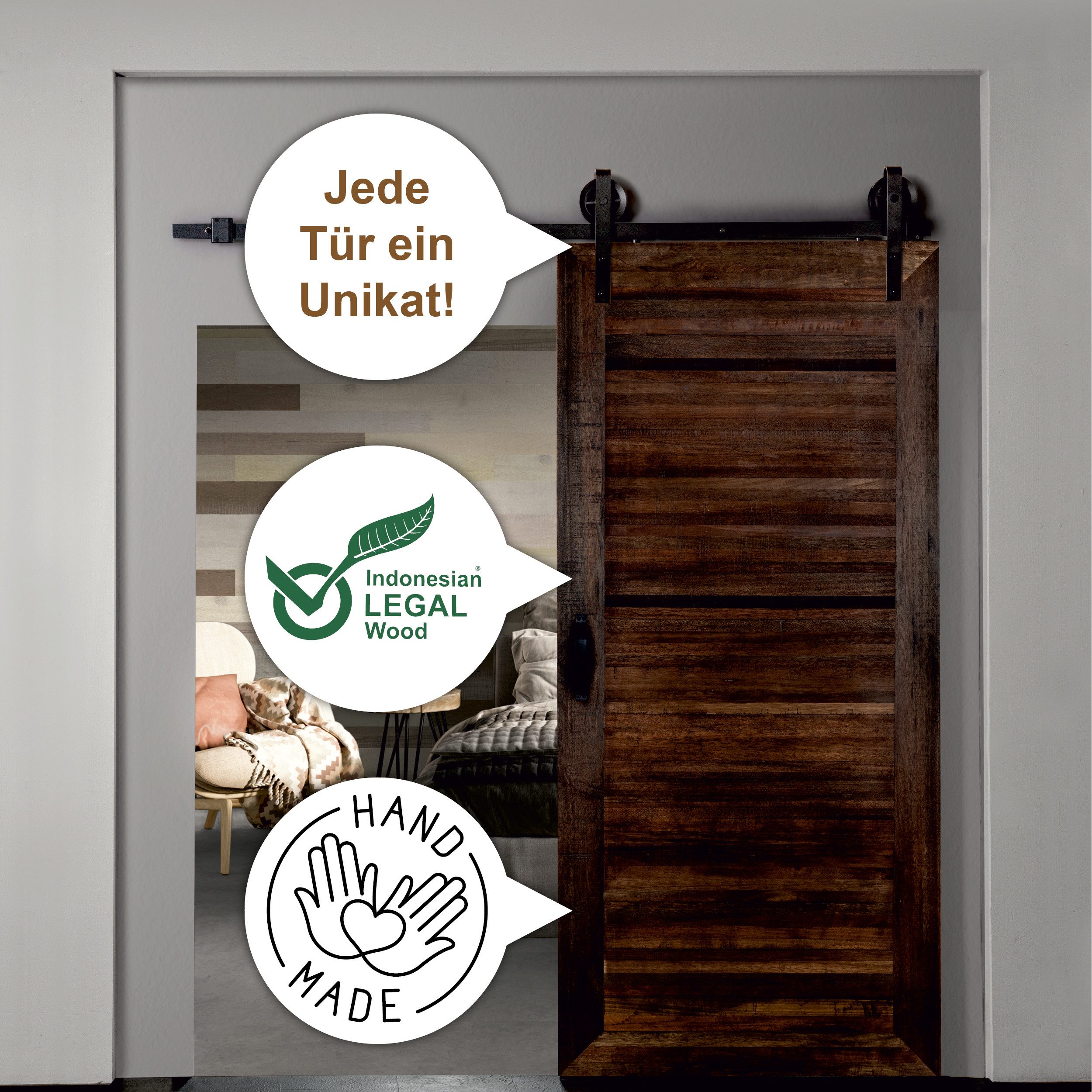Thumbnail - INDO Schiebetür Premium Holzschiebetür Scheunentor, 100x215 cm, leicht zu installieren (Versandkostenfreie Lieferung), h...