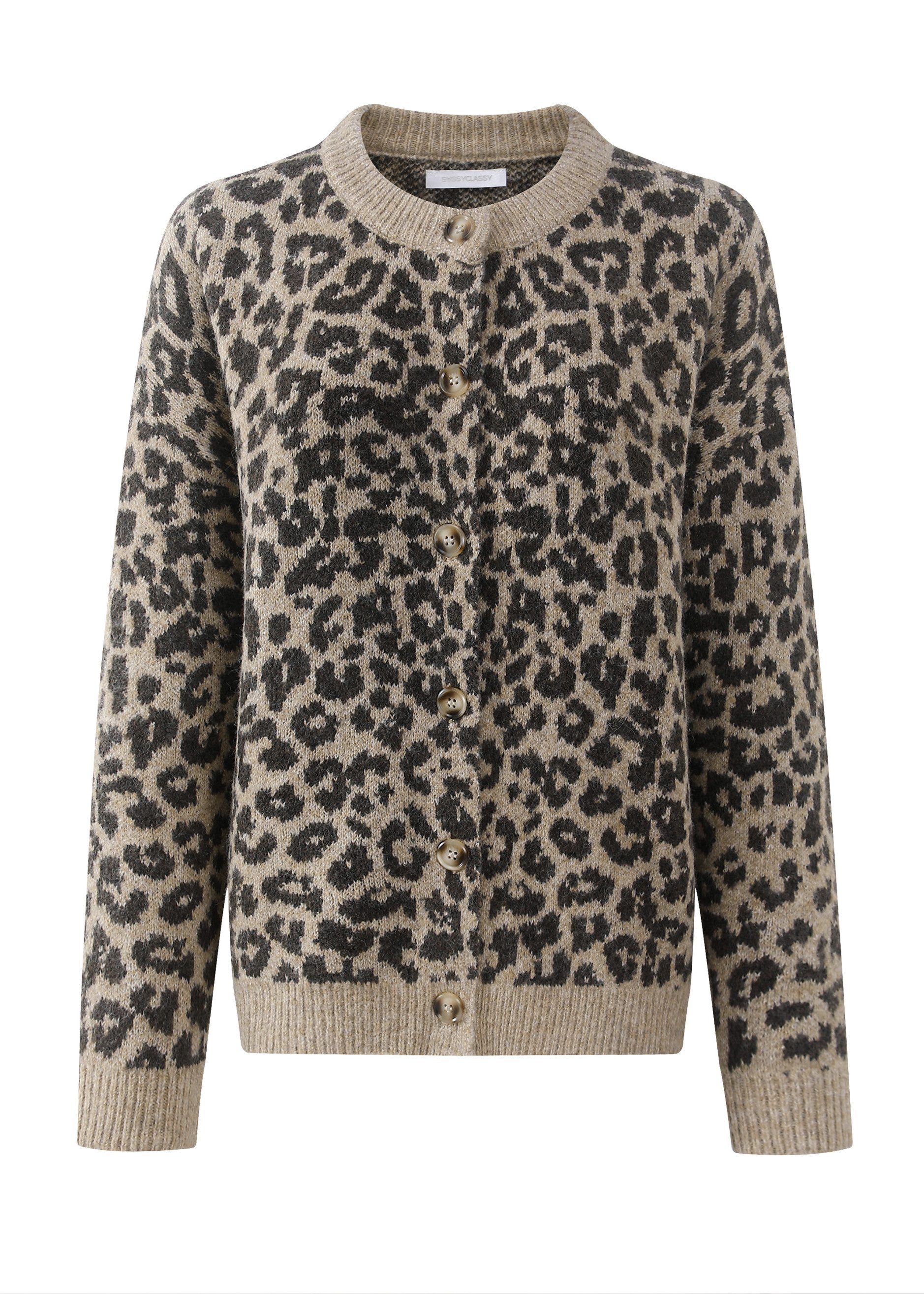 SASSYCLASSY Cardigan Oversize Strickjacke Damen mit Leo-Muster Cardigan mit Wollanteil mit Leopardenmuster Grau Schwarz Beige Braun