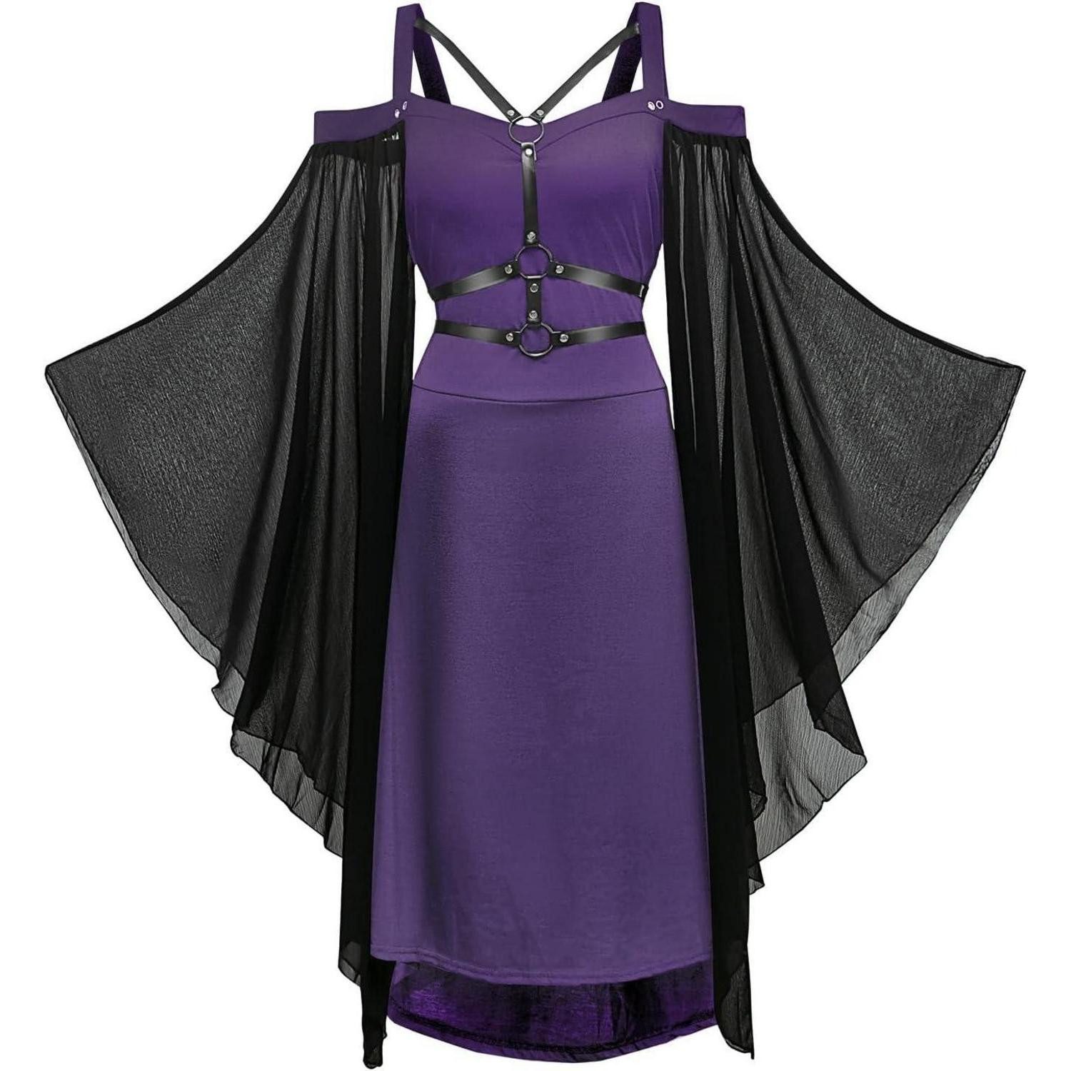LuxusKollektion Hexen-Kostüm Kleid Gothic Damen Schwarz Mittelalter Trompetenärmel 3XL Lila