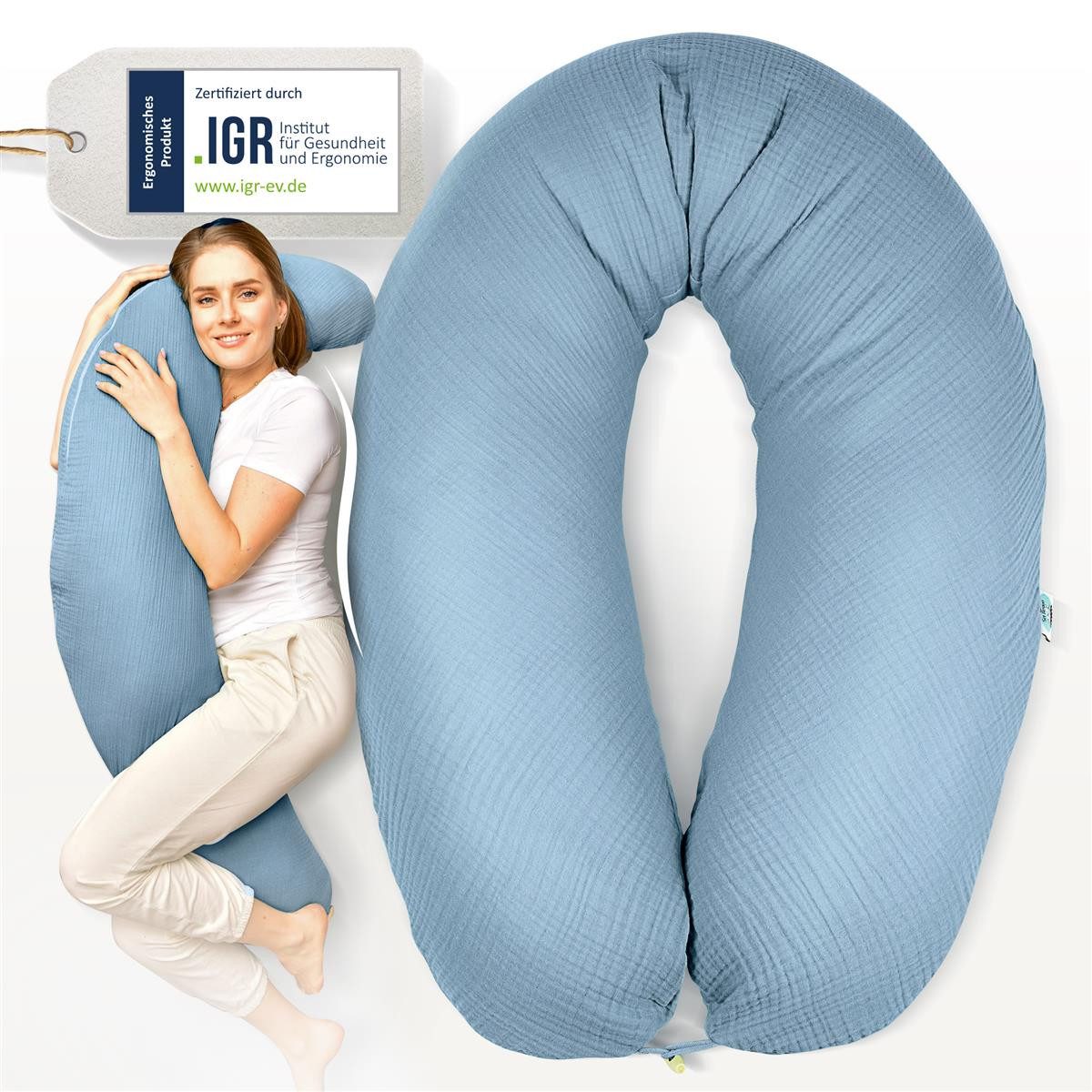SEI Design Stillkissen Seitenschläferkissen Babynestchen mit EPS Mikroperlen, Schwangerschaftskissen mit Bezug, Schwangerschaftskissen mit Bezug, Musselin BIO Baumwolle