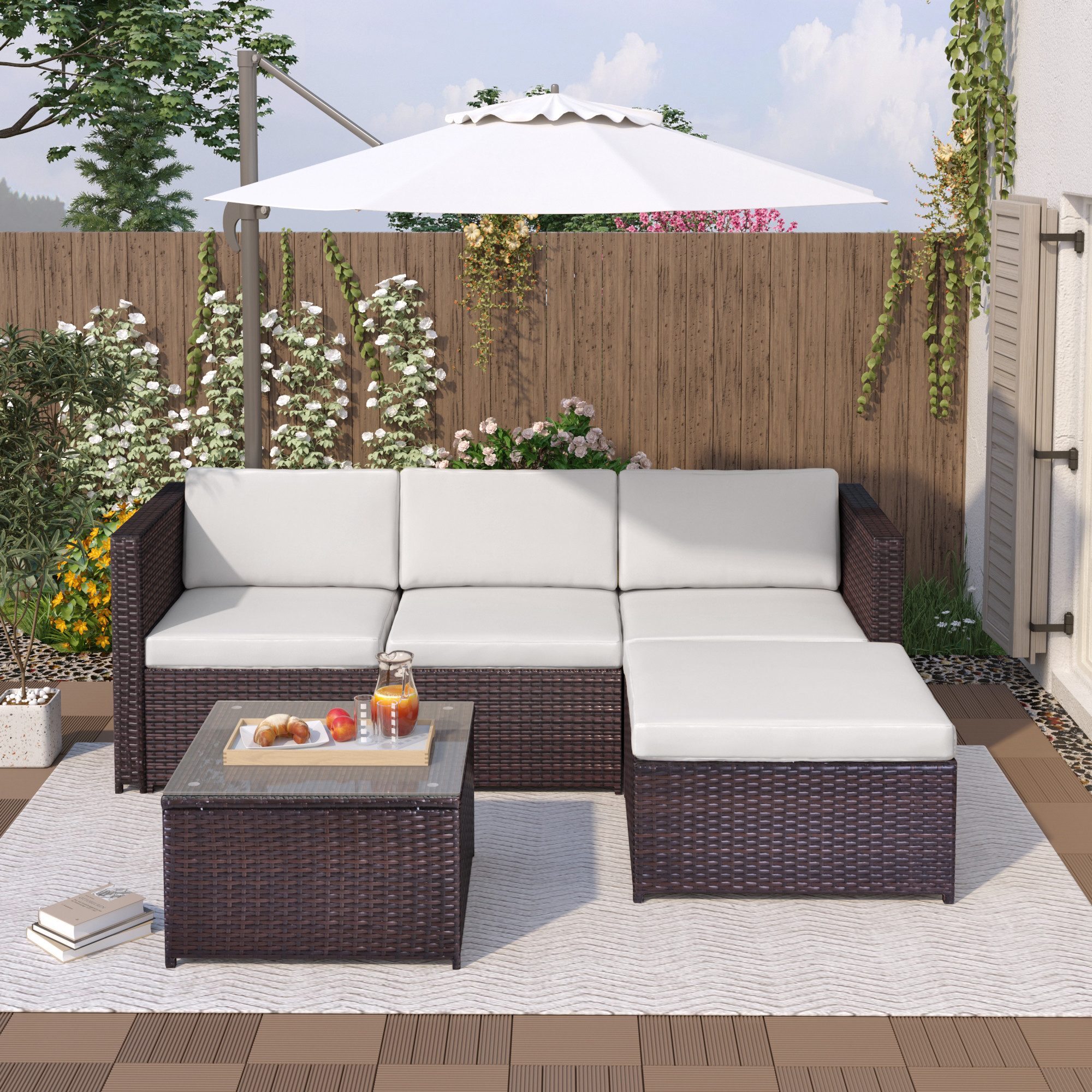 Gartenlounge-Set, (5-tlg., Gartenmöbel Set für 4 Personen), Polyrattan Sitzgruppe mit Garten-Sofa, Garten-Tisch und Hocker