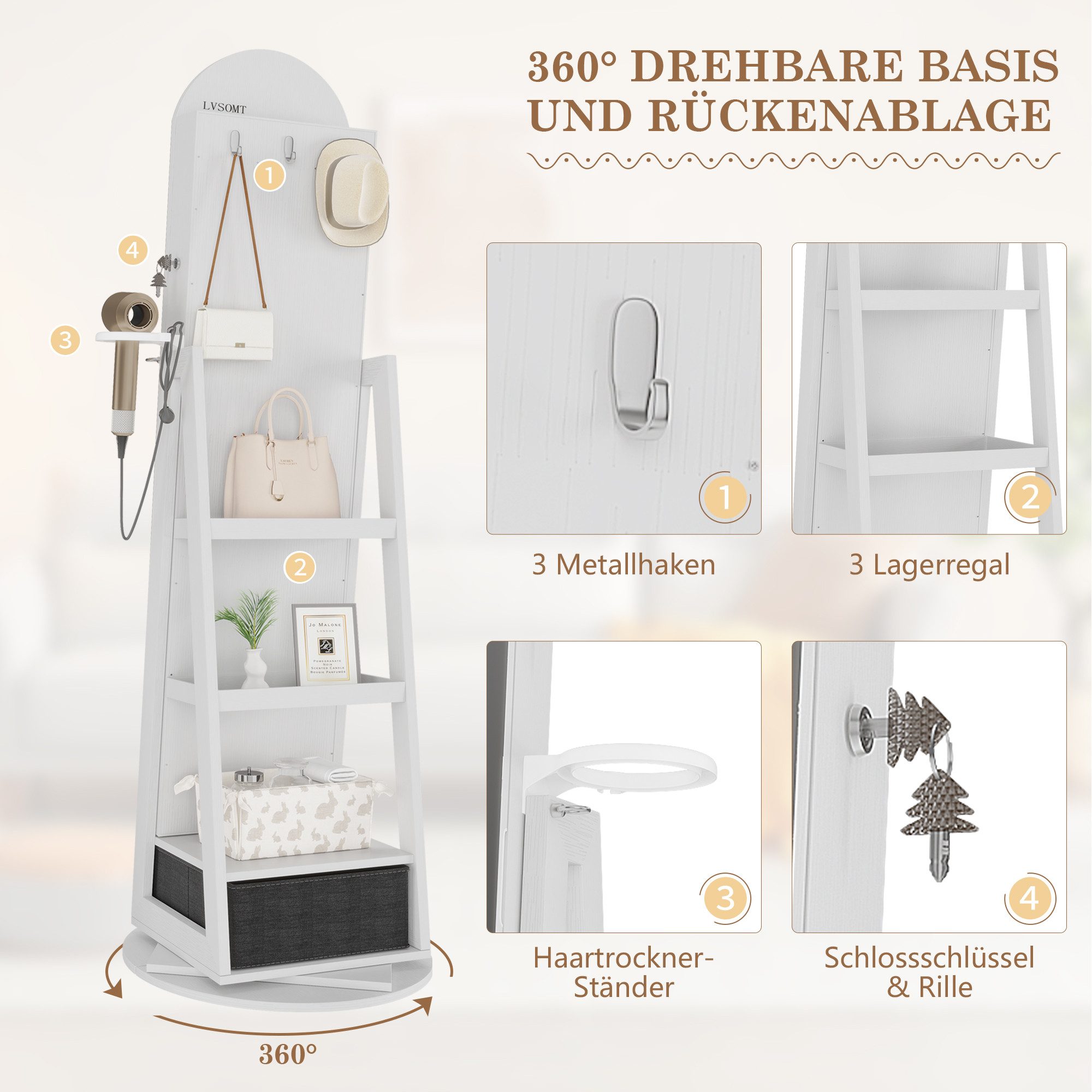 LVSOMT Schmuckschrank 360° Drehbar, LED Bogen Schmuckschrank mit Spiegel, 163x37cm Stehender Holzschrank mit 3-stufigem Regal