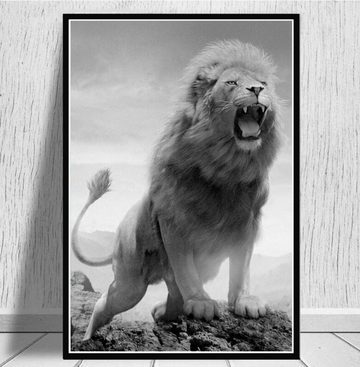 TPFLiving Kunstdruck (OHNE RAHMEN) Poster - Leinwand - Wandbild, Majestätischer Löwe - Löwenfamilie mit schwarzem und grauem Hintergrund (Verschiedene Größen), Farben: Leinwand bunt - Größe: 20x30cm