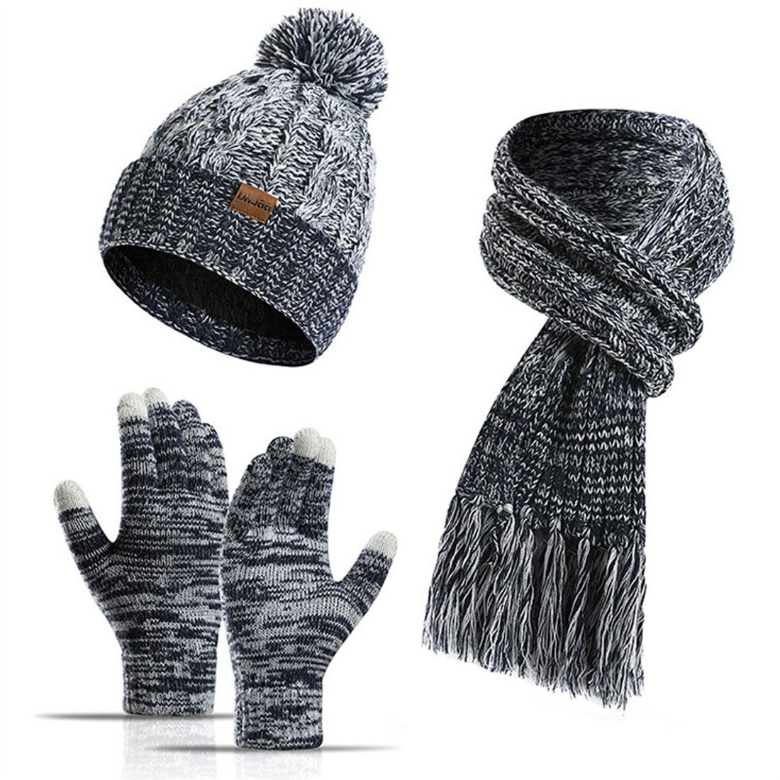 DÖRÖY Strickmütze Mütze Schal Touchscreen-Handschuhe blau 3er-Set + Wolle, + aus Wintermütze