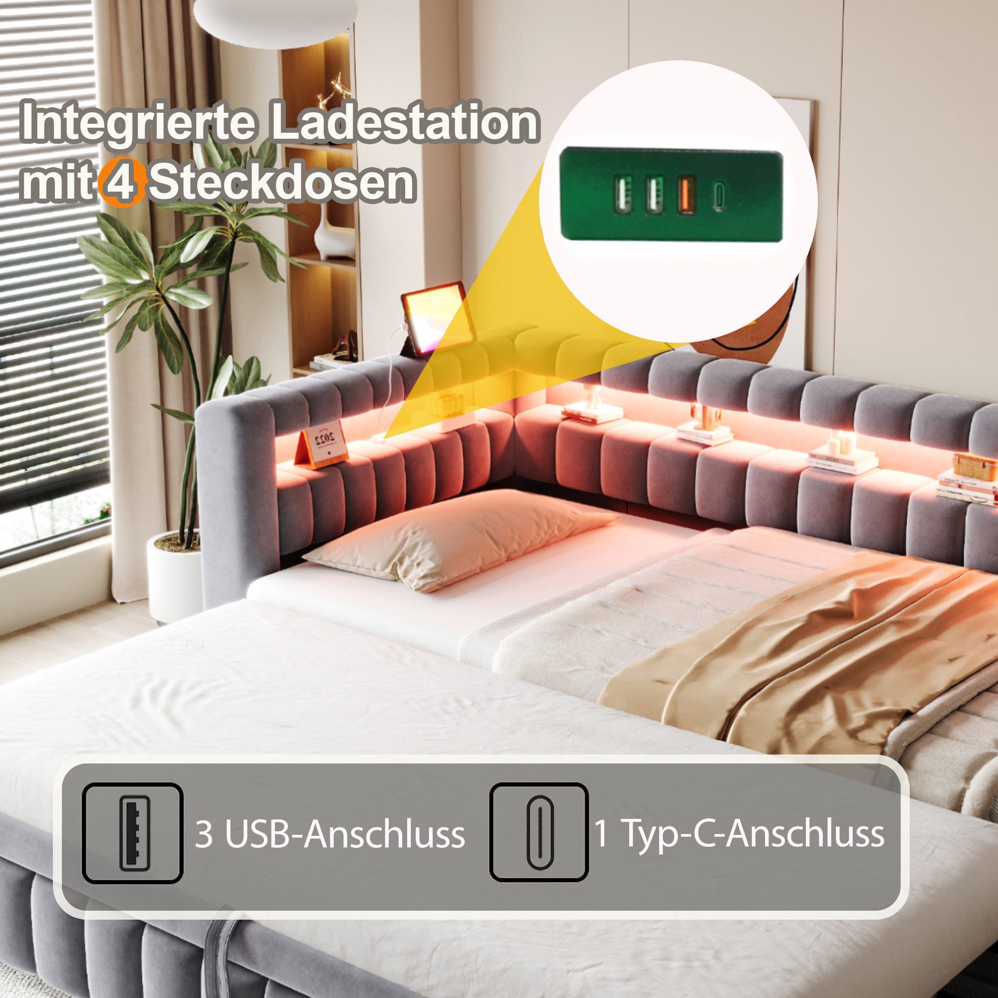 Merax Daybett mit LED-Beleuchtung und Ladeanschluss (Tagesbett Schlafsofa Sofabett Kinderbett, 1 tlg), Polsterbett 90x200cm mit Ausziehbett 90x190cm & Ablagefac – Bild 5 von 5