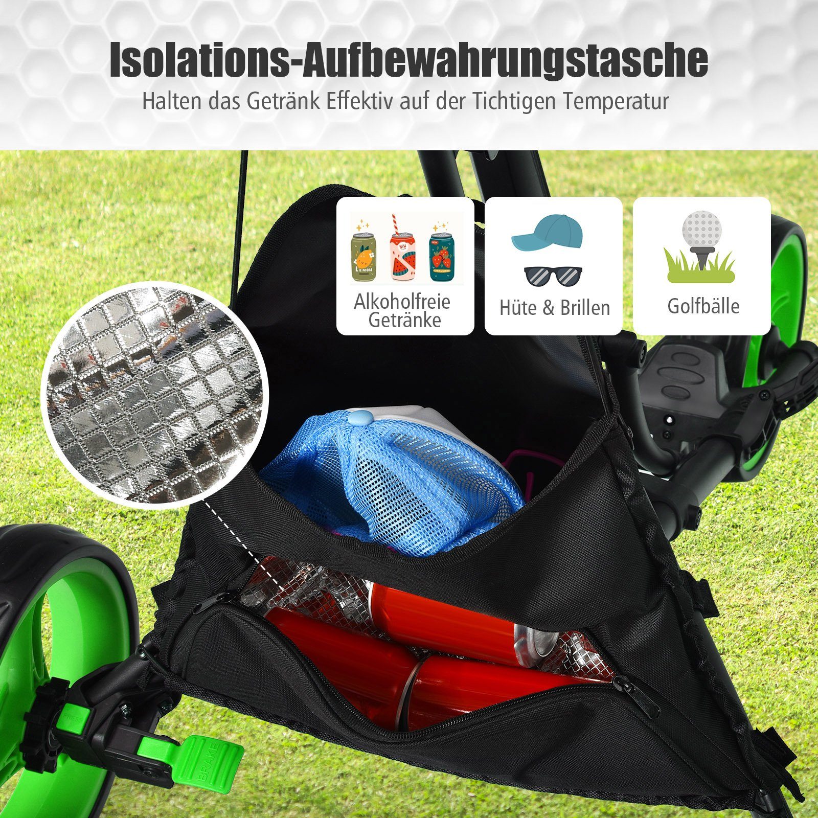 Golftrolley mit Griff, Tasche verstellbarem 3-Rad, grün COSTWAY