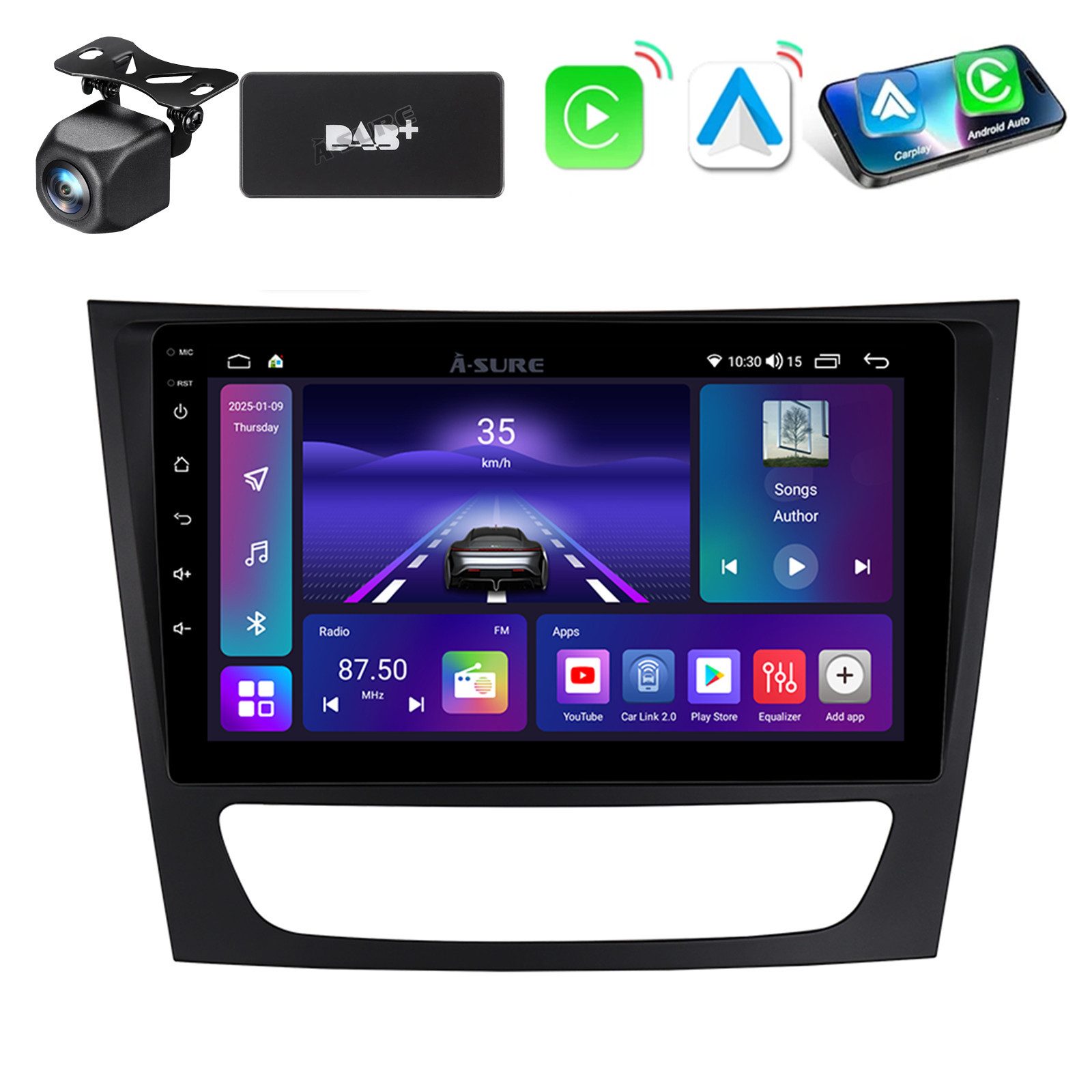 A-Sure 4-Core Android 15 Carplay Radio Für Mercedes E-Klasse W211 W219 Autoradio (Digitalradio (DAB), FM, AM)