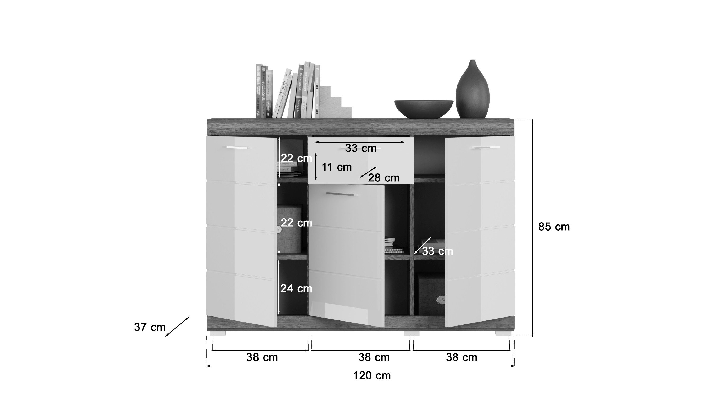 xonox.home Kommode Scout, Weiß Hochglanz Rauchsilber Modern 120x85x37 cm