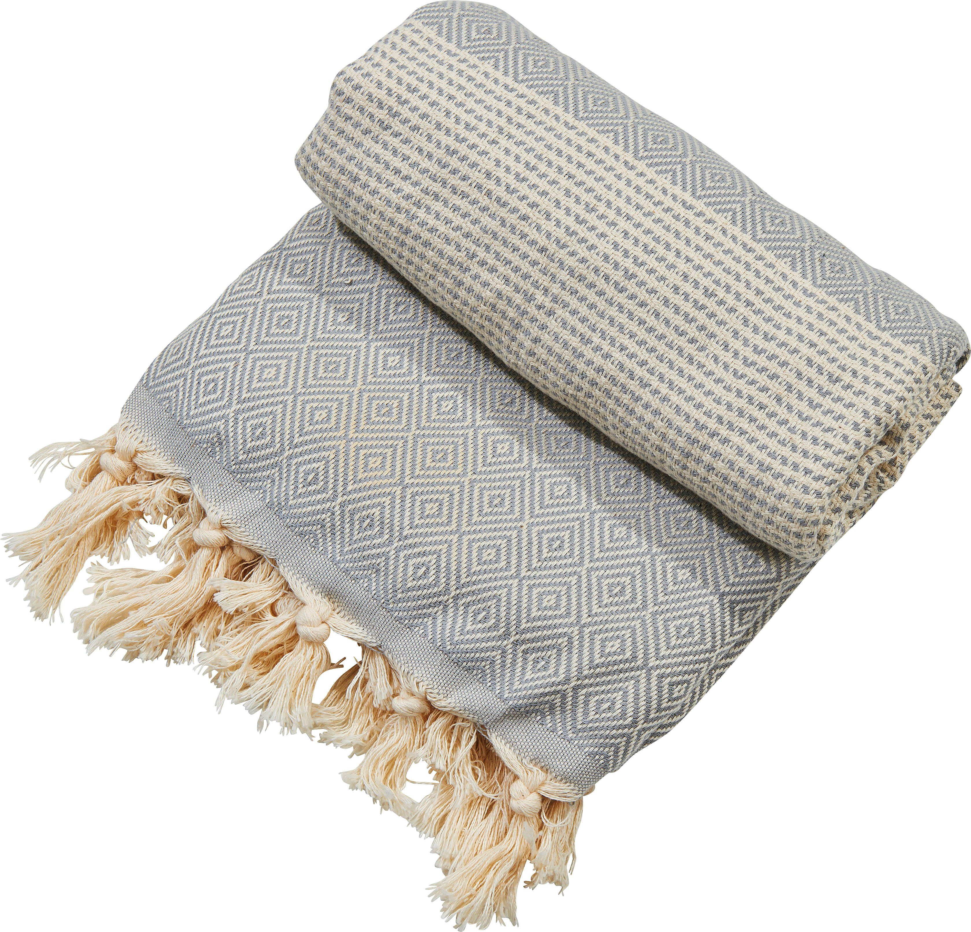 Fransen Lounge mit done.®, silberfarben/beige Plaid Diamond, Leichtes Plaid geknoteten