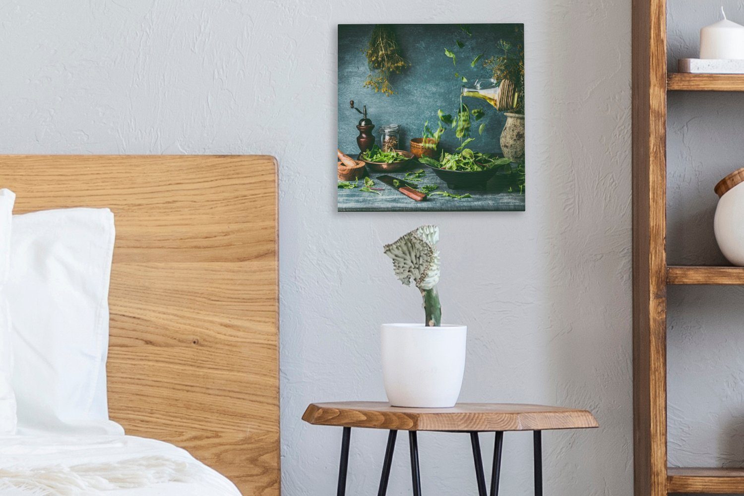 mit dem Schlafzimmer Bilder Leinwandbild Küchentisch, Olivenöl Grüner Wohnzimmer OneMillionCanvasses® Salat St), für Leinwand (1 auf