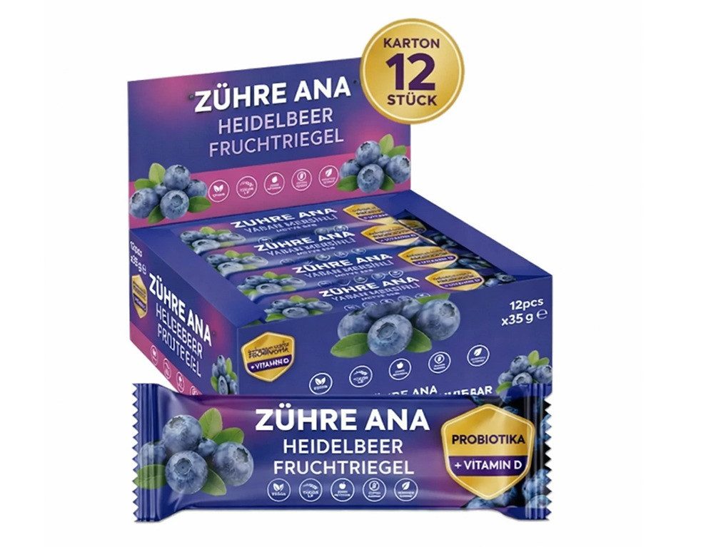Zühre Ana® Riegel Heidelbeer Fruchtriegel 12x – Probiotisch, Vegan, Zuckerfrei, 420 g, Leckerer Snack mit Vitamin D, 35gr x 12 Stück