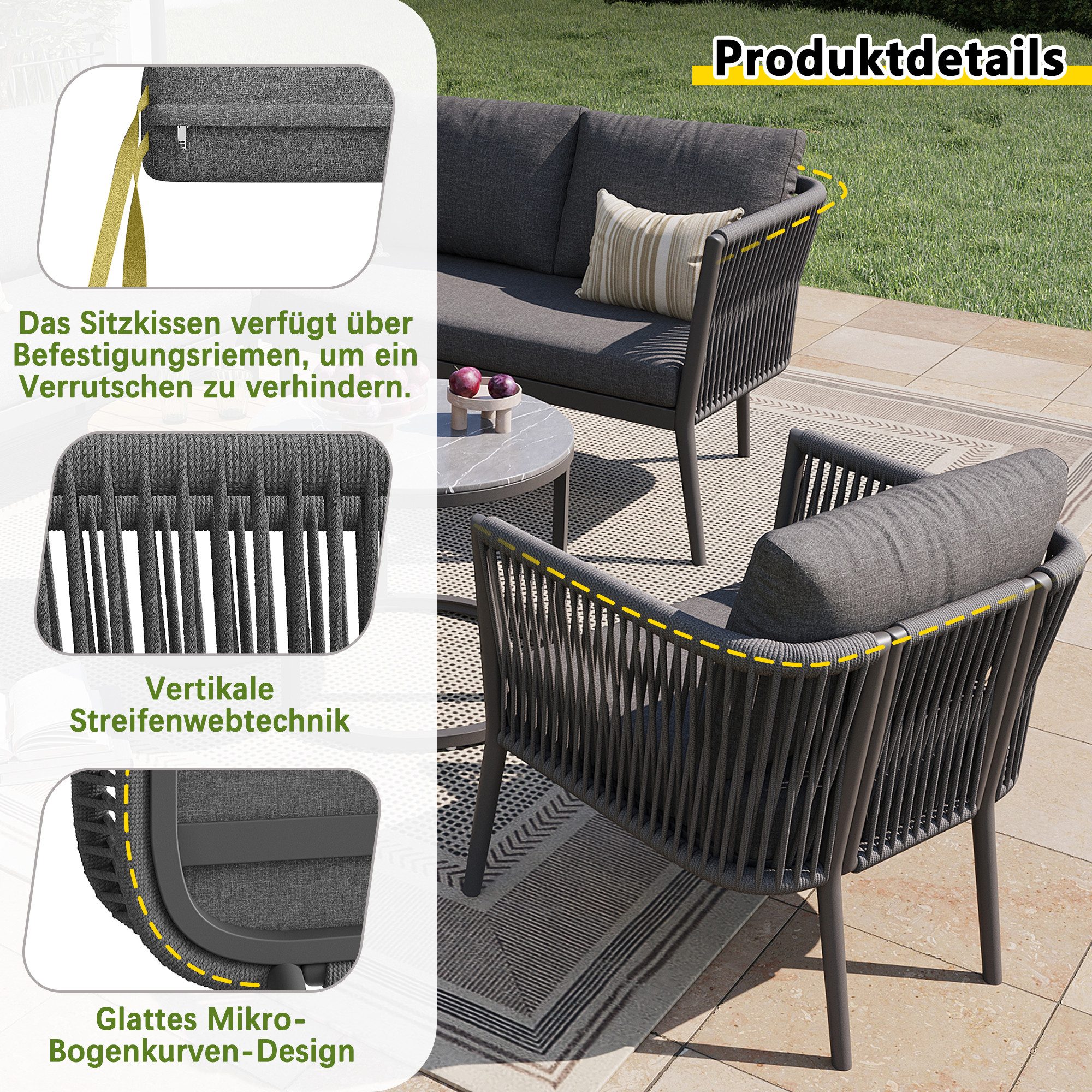 Merax Gartenlounge-Set Seil Balkonset, (6-tlg., Modulares Sofa Set aus Seil & Eisen, für Terrasse & Balkon), 6-Sitzer Gartenmöbel mit 2 Couchtische, Sitzbank, Sofa, Sessel, Hocker