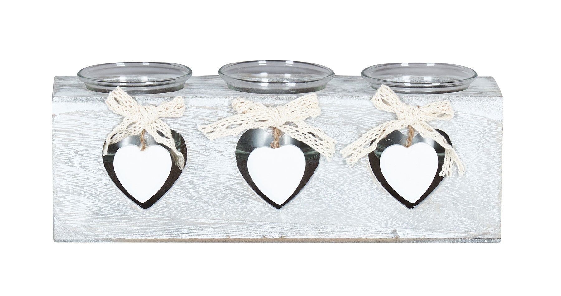 Levandeo® Teelichthalter, Teelichthalter 24x8x7cm 3 Kerzen Holz Shabby Chic Vintage Herz Deko