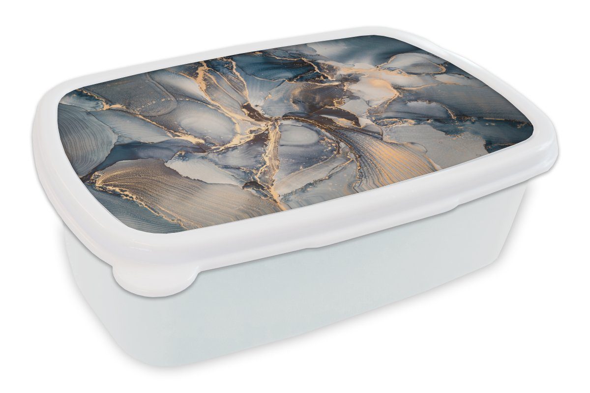 MuchoWow Lunchbox Marmor - Grau - Blau - Luxus - Gold, Kunststoff, (2-tlg), Brotbox für Kinder und Erwachsene, Brotdose, für Jungs und Mädchen weiß