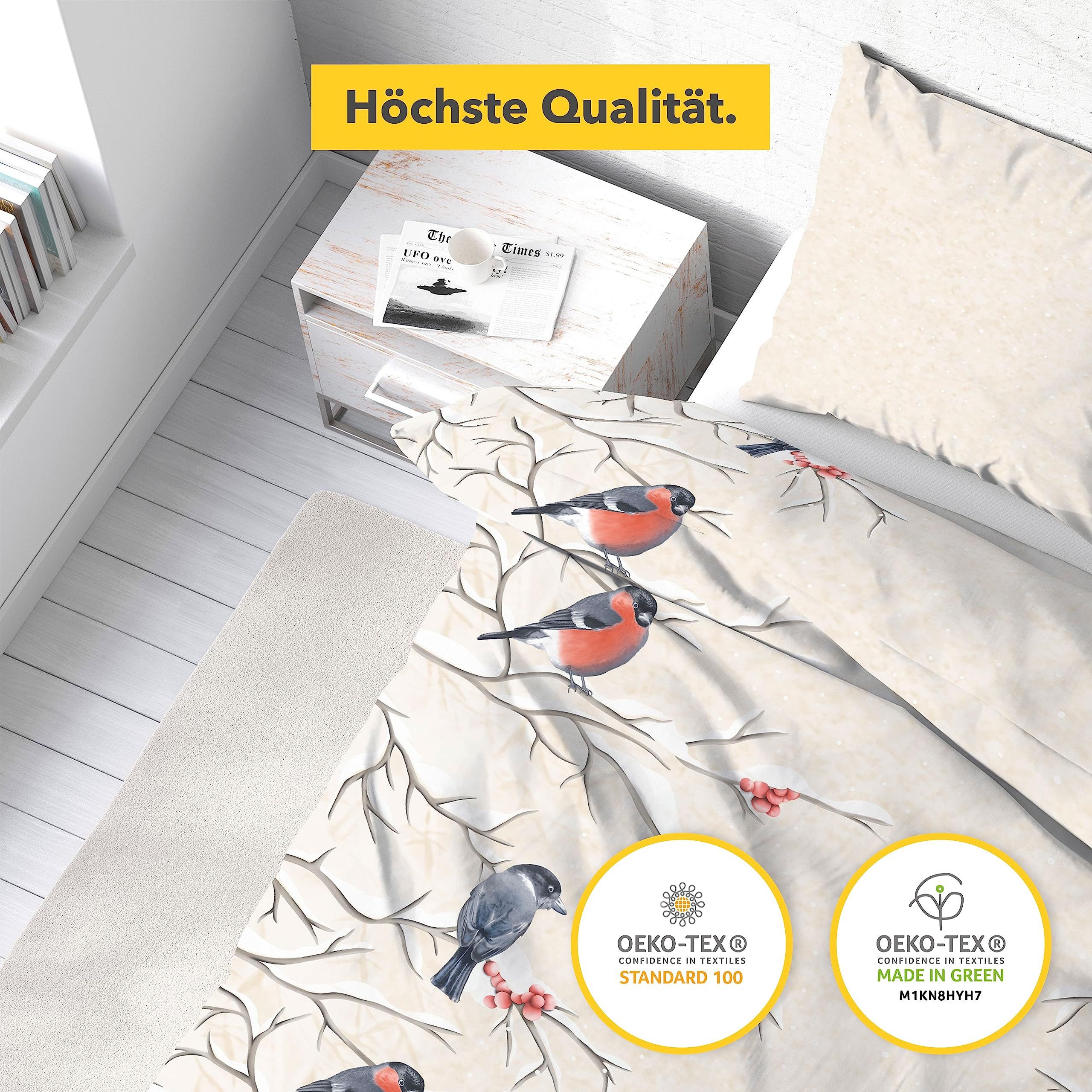 Träumschön Bettwäsche Biber 135x200 cm Creme Beige - Wintervogel Motiv, Biber, 2 teilig, mit Reißverschluss, 100% Baumwolle, kuschelig warm im Winter – Bild 4 von 5