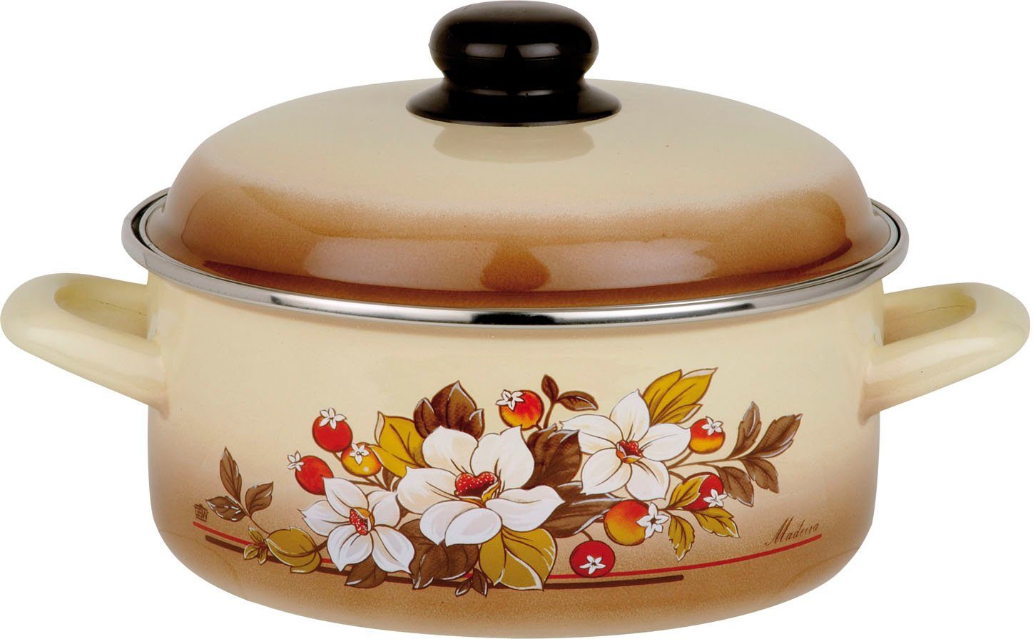 GSW Topf-Set Madeira, Stahl-Emaille (7-tlg., je 1 Kochtopf 16/20/24 cm, 1x Stielkasserolle 16 cm), ideal für Allergiker, Induktion