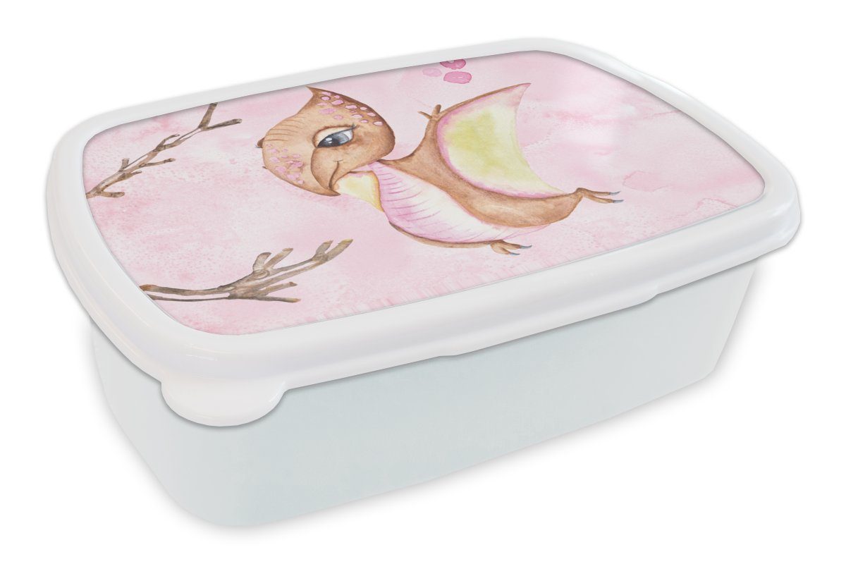 MuchoWow Lunchbox Dinosaurier - Kinderzimmer - Zweige - Mädchen - Kinder - Rosa, Kunststoff, (2-tlg), Brotbox für Kinder und Erwachsene, Brotdose, für Jungs und Mädchen weiß