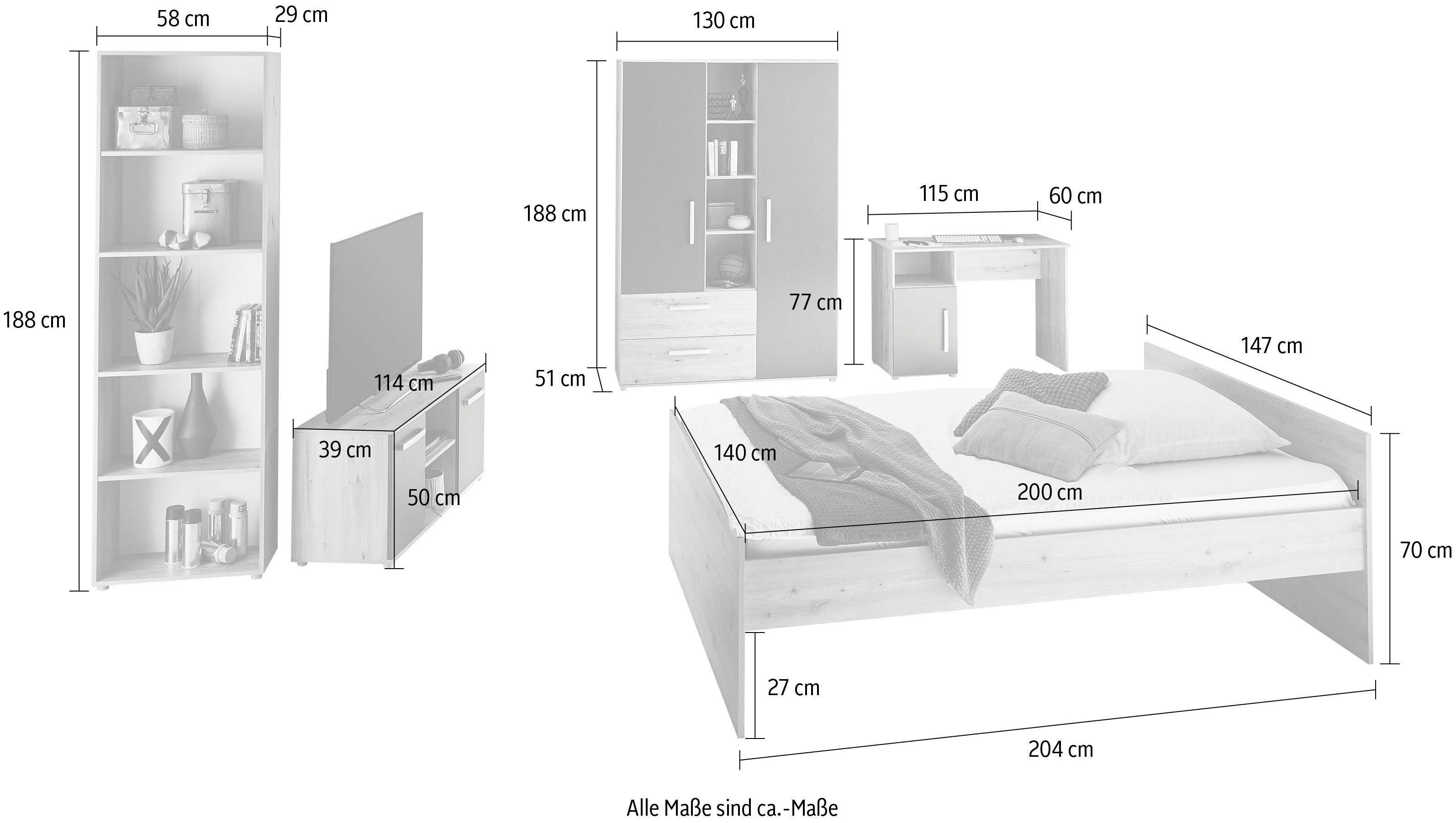 5-St., Standregal TV-Lowboard), berndt Alessio, (Set, Melamin-Oberfläche arthur Jugendzimmer-Set Bett, und Schreibtisch, Kleiderschrank, mit