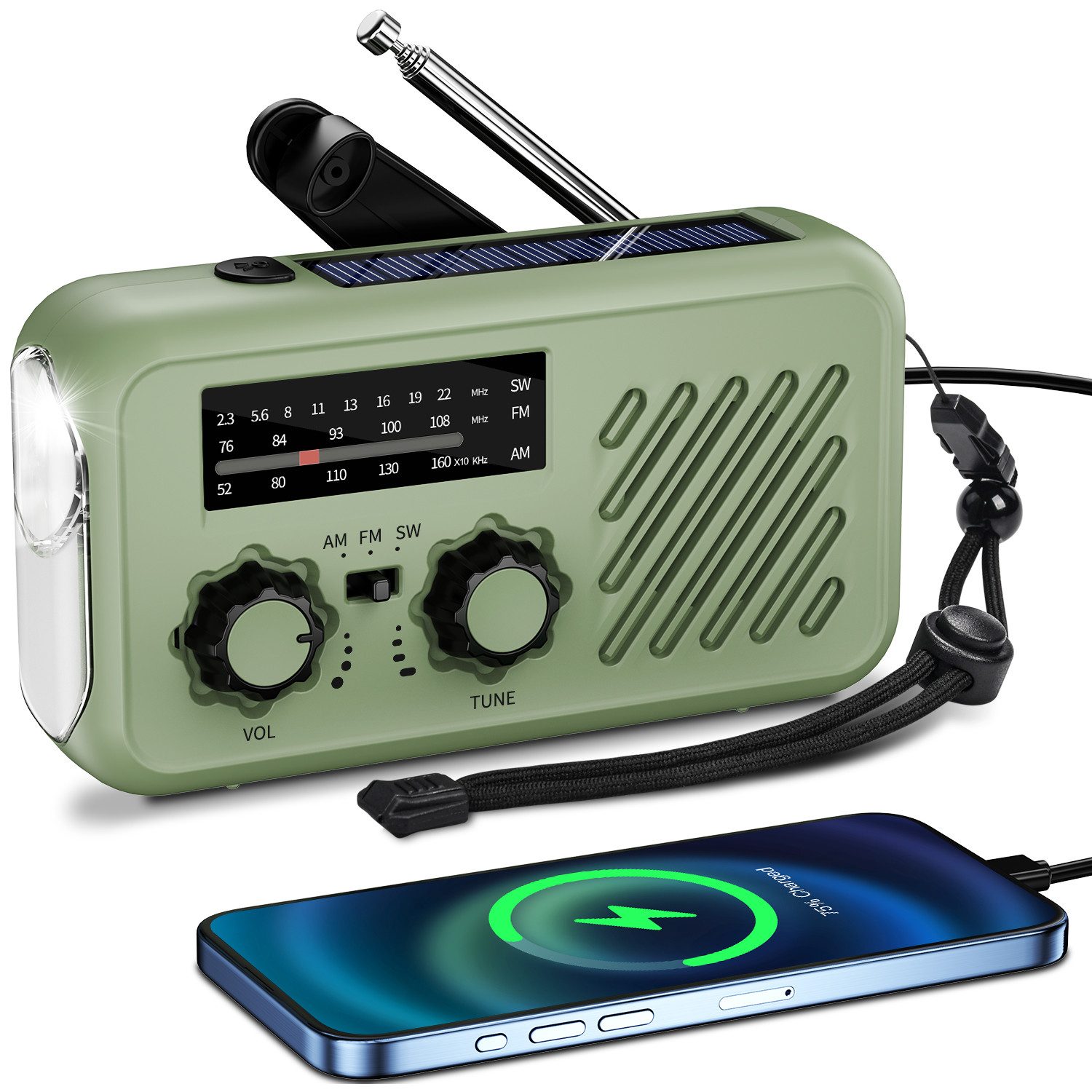 AIBISTAR Notfallradio,Solar Handkurbel Kurbelradio,AM/FM/SW mit Taschenlampe Notfallradio (SW, FM, AM, 5 W, mit austauschbarem 18650 Akku,SOS Alarm,Überlebenshilfe)