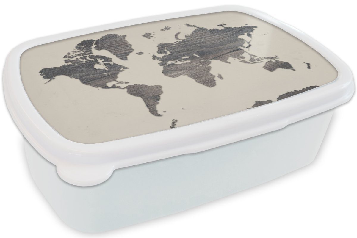 Kunststoff, und MuchoWow - Weltkarte weiß Brotbox (2-tlg), Kinder für Mädchen Brotdose, Grau Lunchbox Erwachsene, und für Holz, Jungs -