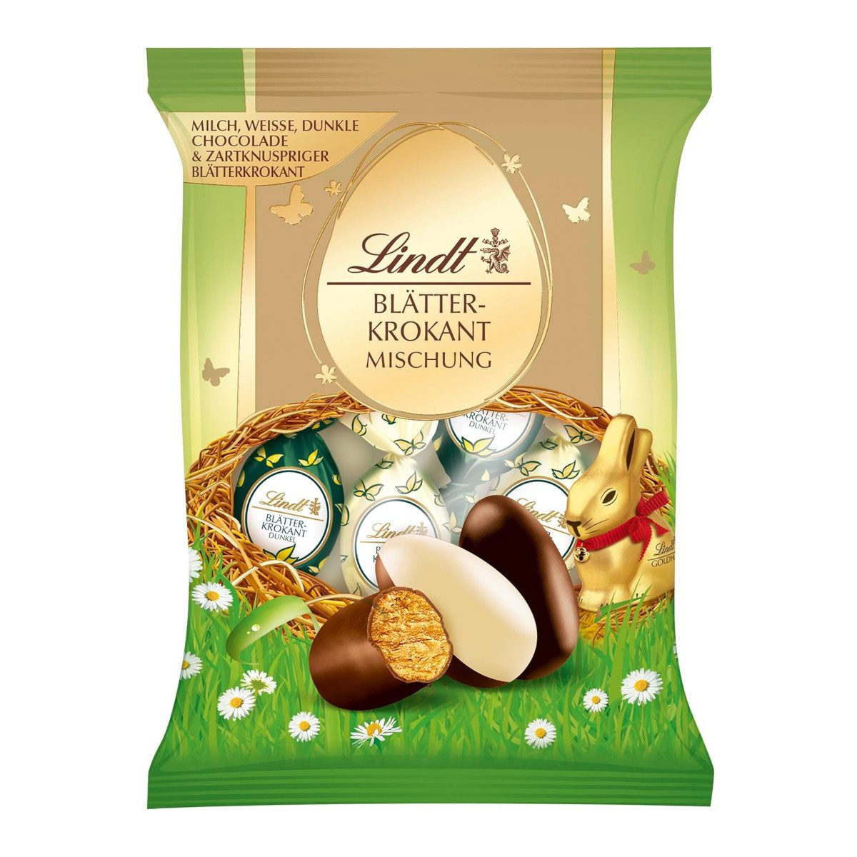LINDT Schokolade, Lindt Blätterkrokant Eier Mix Doppeldreh 5 edle Ostereier 85g