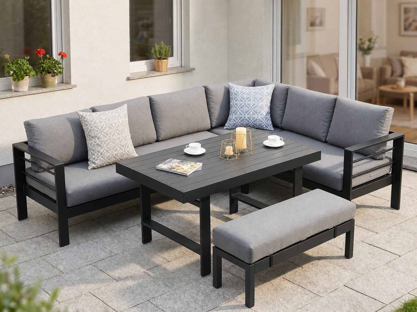 MeXo Gartenlounge-Set Outdoor Gartenmöbel Lounge-Set für 6-8 Personen, (Aluminium-Ecklounge, rechte Ecke, 5-tlg., wetterfest & pflegeleicht), großer Esstisch 130×80 cm, bis 140 kg belastbar je Sitz