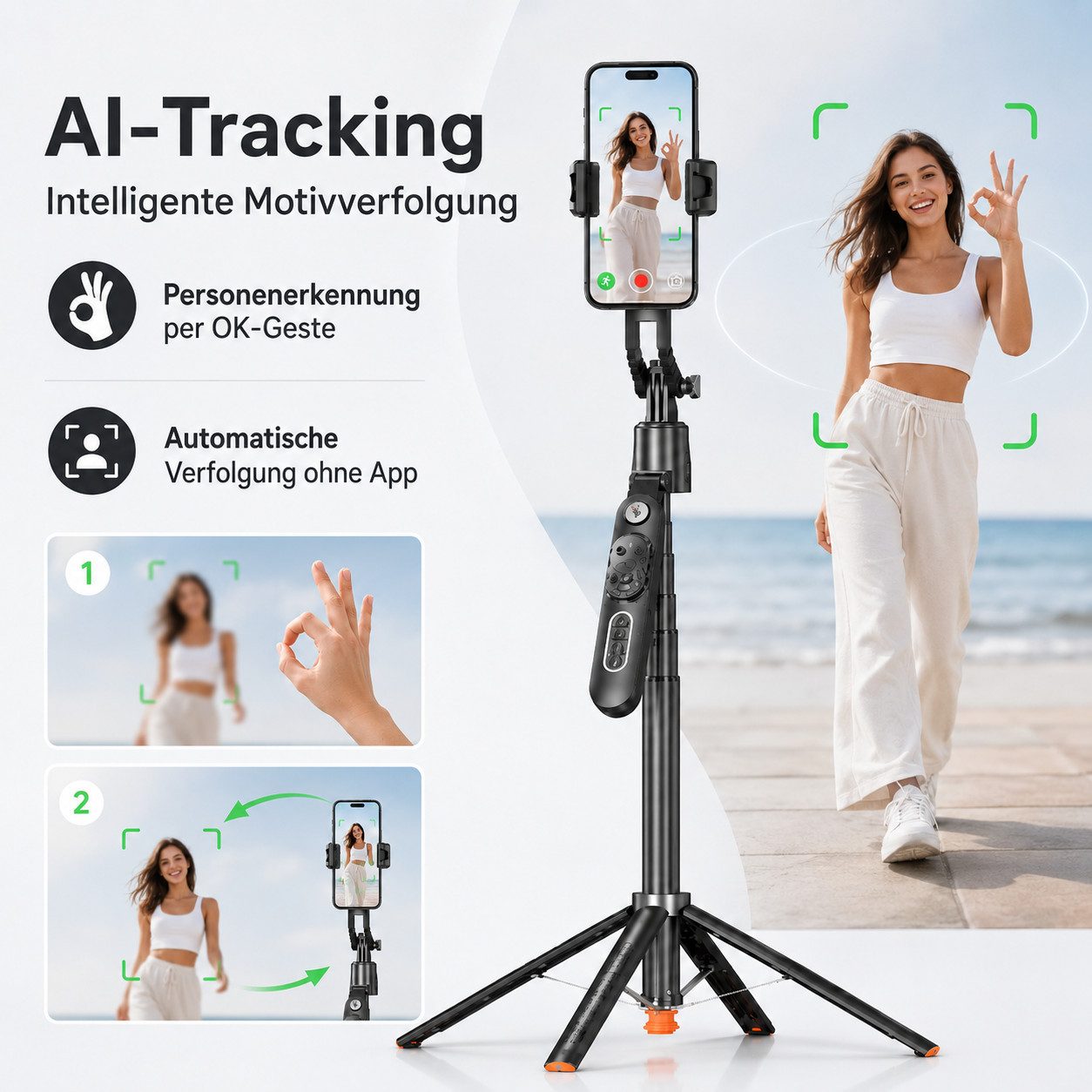 pedete Selfie-Stick 360° Gesichtsverfolgung Bluetooth-Fernbedienung 183 cm Teleskopstativ, integrierter Nachführfunktion Vlog/Live-Stream/Videoaufzeichnung – Bild 4 von 5