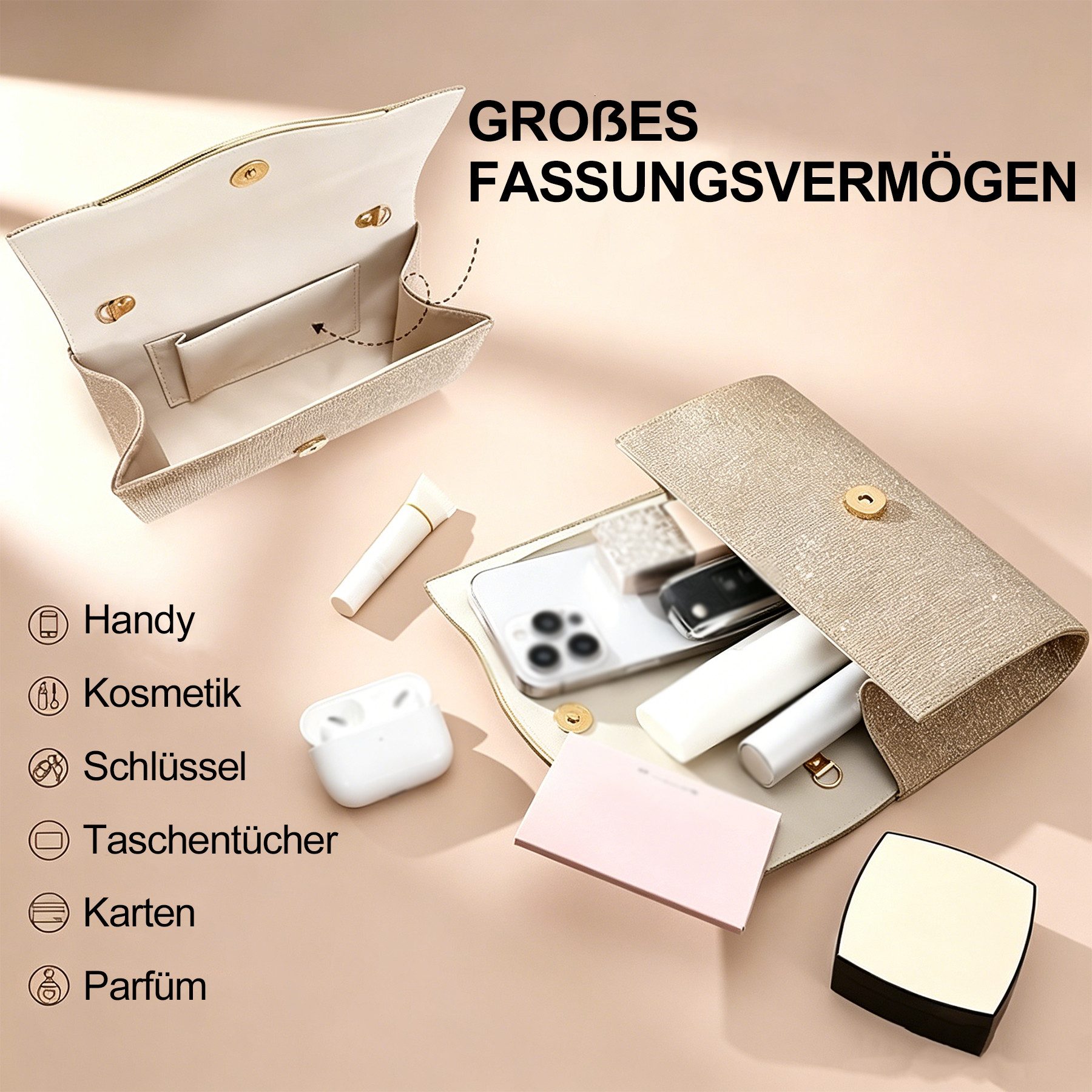 Keyura Abendtasche Damen Clutch Abendtasche Elegant mit Abnehmbarer Kette (Umschlagtasche Handtasche, für Hochzeit, Party, Ball, Braut, Cocktail), Festliche Umh – Bild 5 von 5