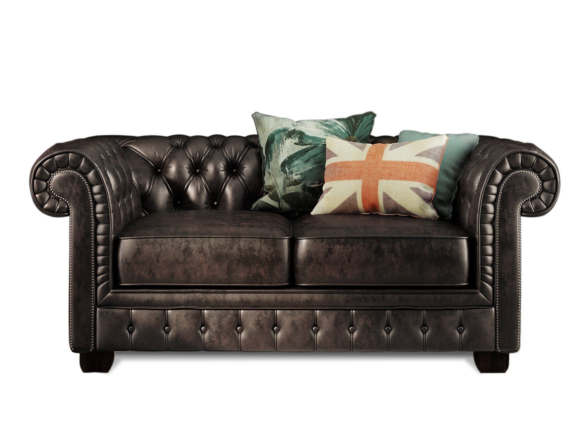 Moebel-Eins Sofa, CHESTERFIELD Echtleder 2-Sitzer Sofa BRADFORD, antikbraun