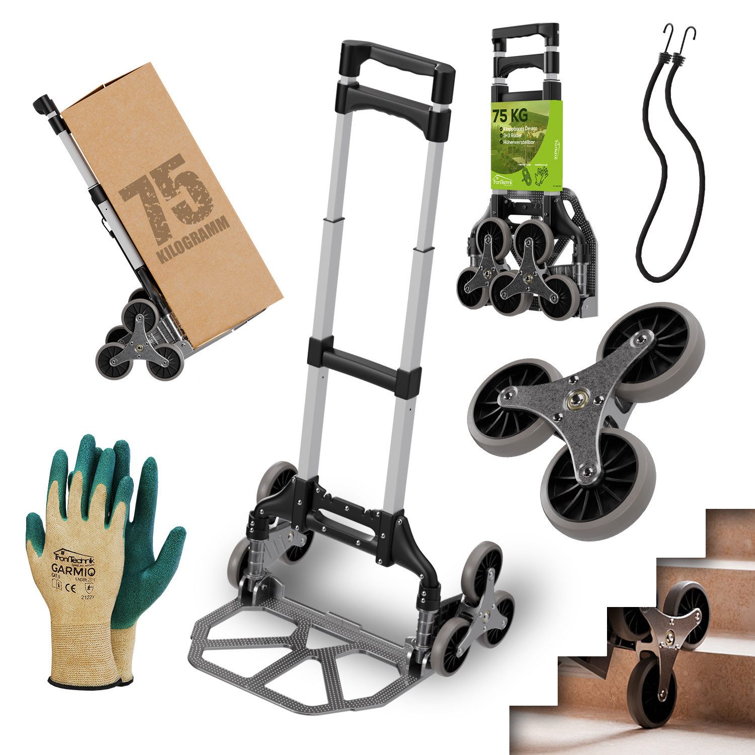 TroniTechnik Sackkarre Transportkarre Handkarre Handwagen, klappbar bis 75kg Tragfähigkeit, (Treppensackkarre mit rutschfester Fläche und Tragegriff, 45x45x100 cm mit Spanngummiseil für sicheren Transport), klappbar, Transportkarre mit verstellbaren Griff