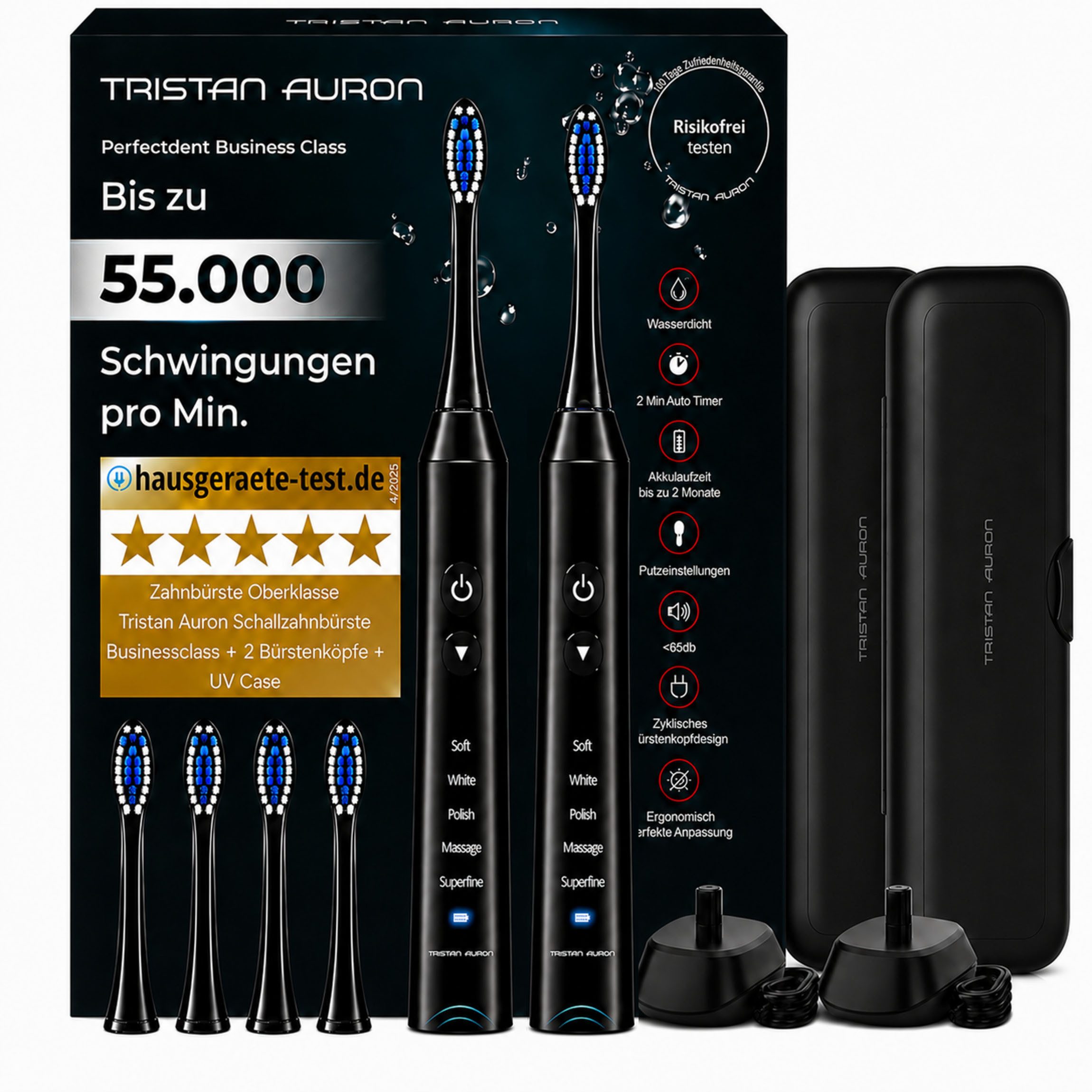 Tristan Auron Elektrische Zahnbürste Elektrische Zahnbürste Doppelpack + UV Reiseetui - 60 Tage Akku IPX7, Aufsteckbürsten: 4 St.