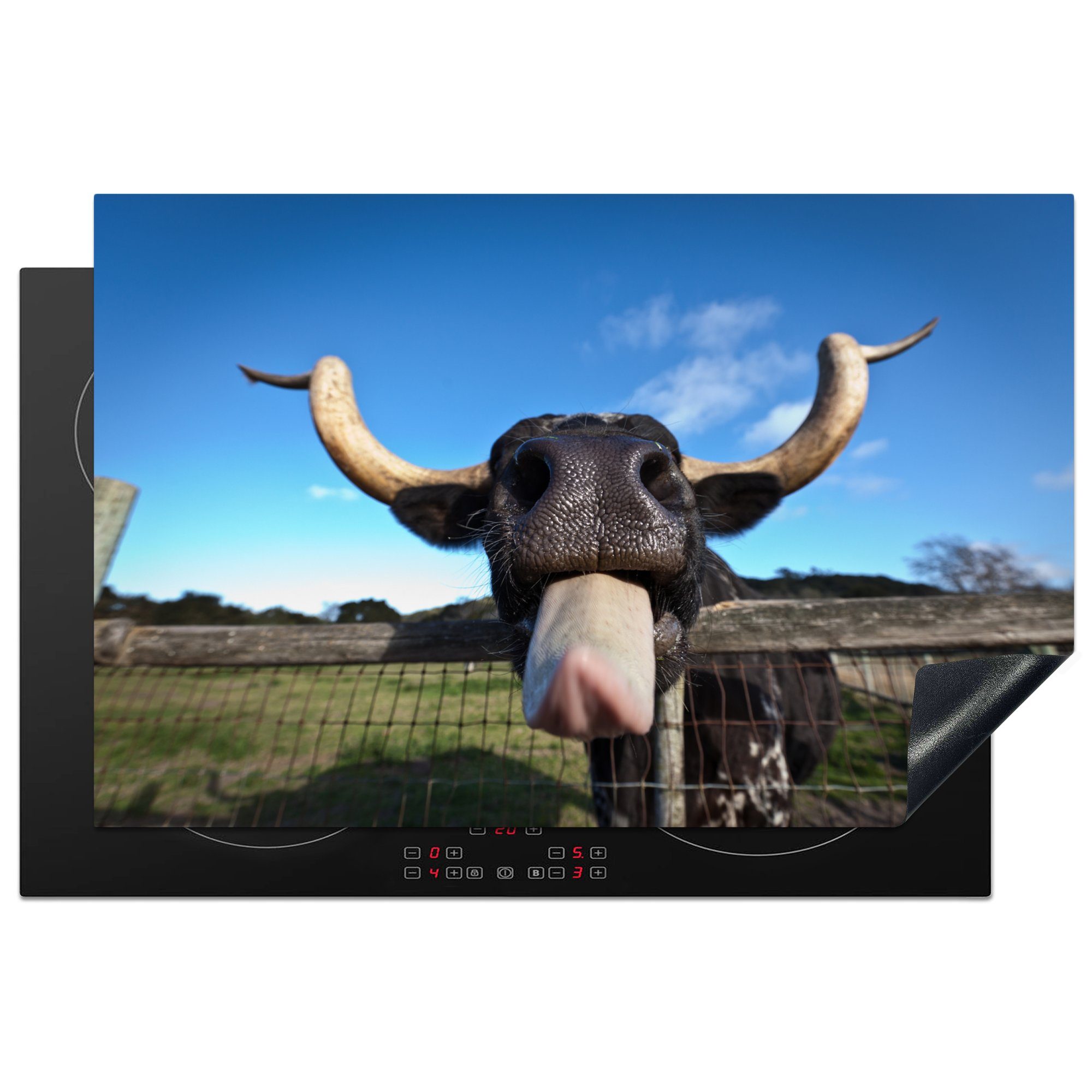 MuchoWow Herdblende-/Abdeckplatte Taurus - Horn - Zunge, Vinyl, (1 tlg), 81x52 cm, Induktionskochfeld Schutz für die küche, Ceranfeldabdeckung