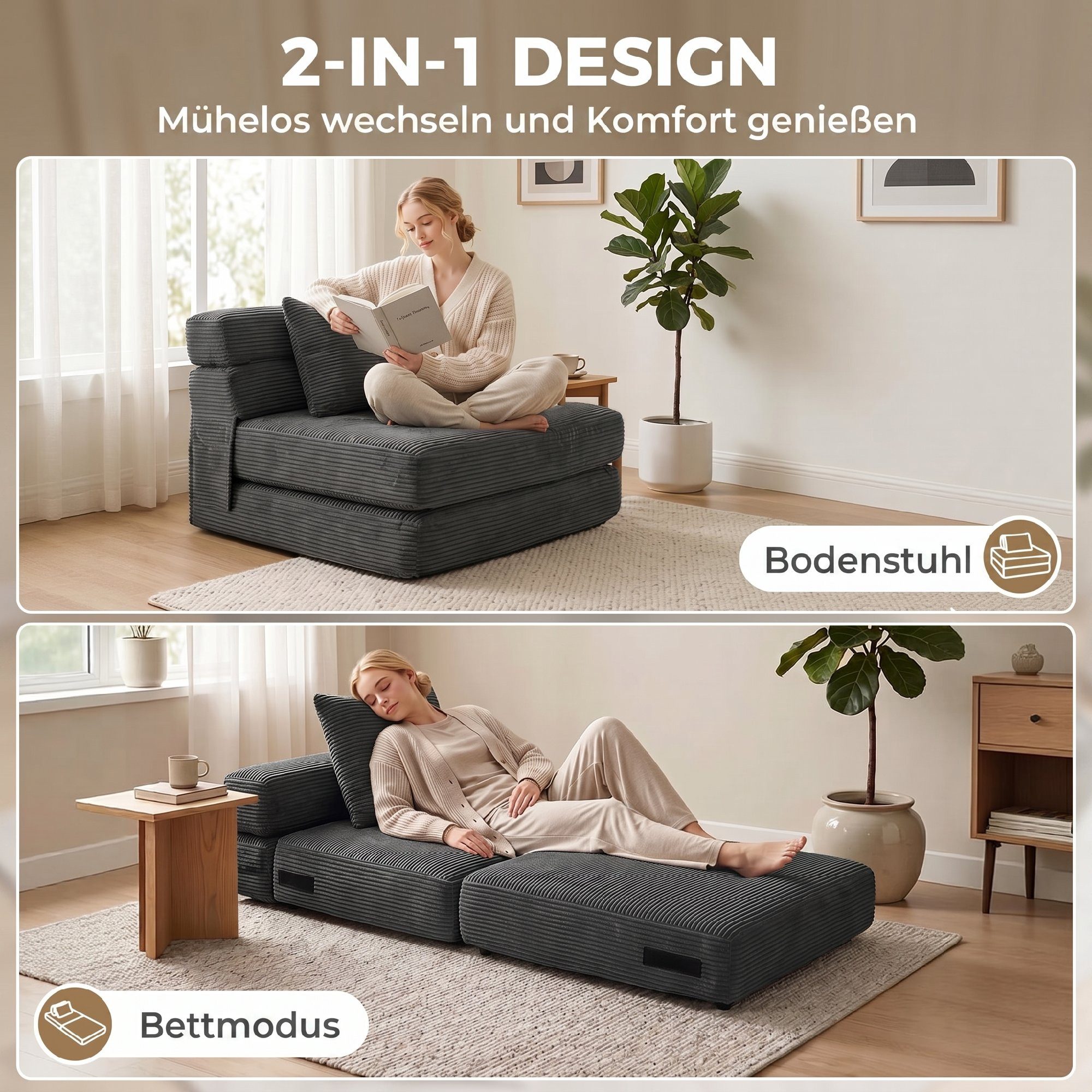 HOMCOM Bodenkissen Klappbar Schlafsessel Schlafsofa mit Schlaffunktion, Cord-Optik, 2-in-1 klappbar, Lendenkissen, Seitentaschen – Bild 4 von 5