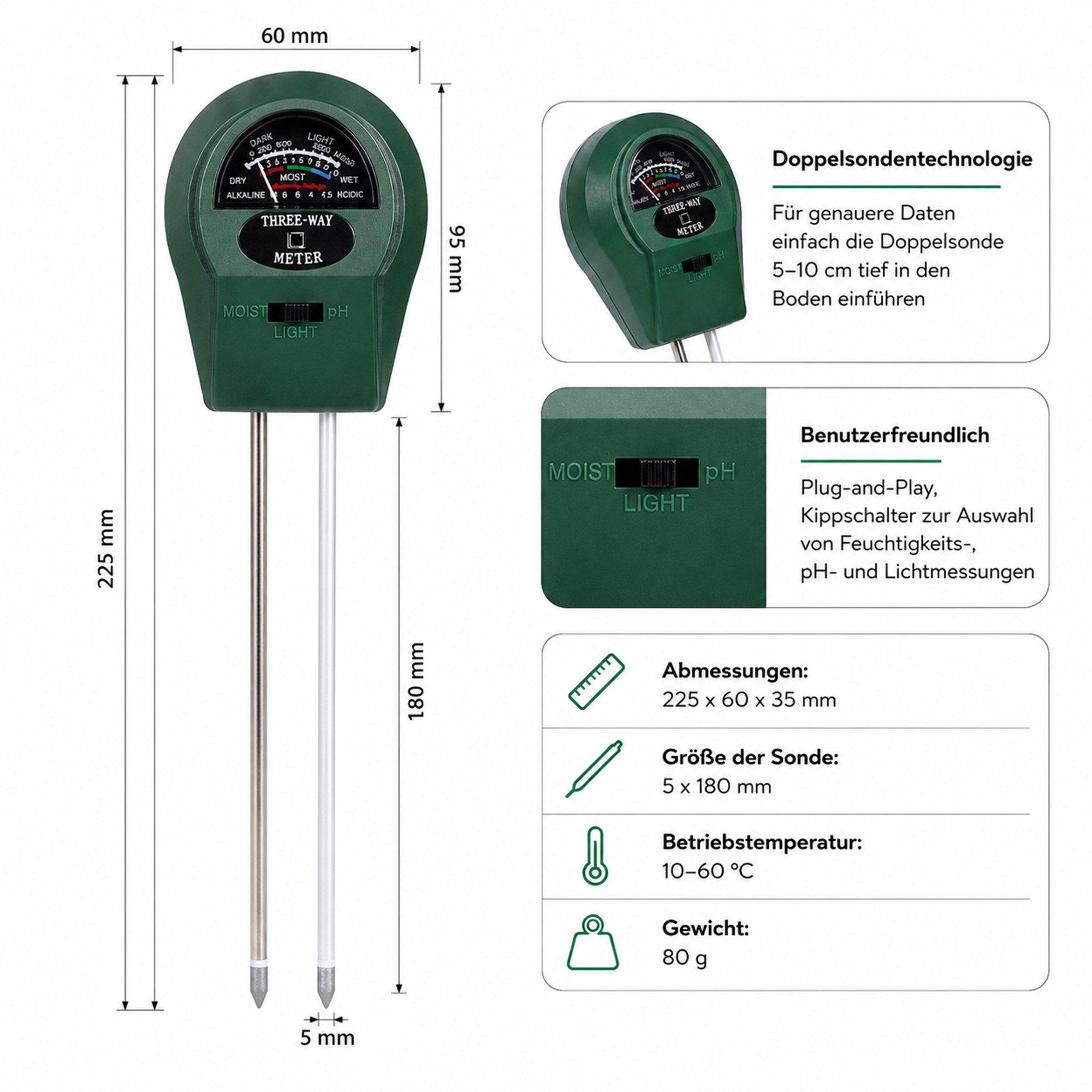Mucola Feuchtigkeitsmesser Bodenmessgerät 3 in 1 für Pflanzen PH Wert Bodentester Licht Messgerät, (Stück, 1x Feuchtigkeitsmessgerät), Batteriefreier Betrieb