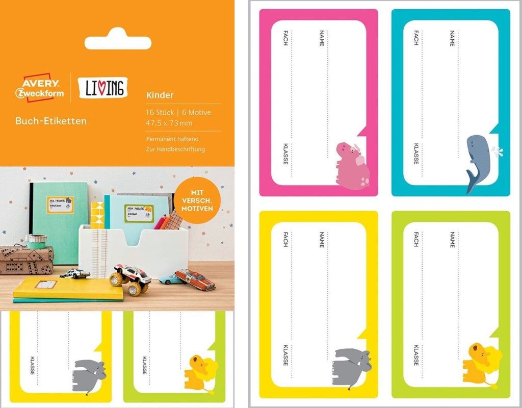 Avery Zweckform Etikettenpapier LIVING Kinder 16x Buch-Etiketten 47,5x73mm, Namens-Aufkleber Haushalts-Etiketten Sticker Heft Abgerundete Ecken