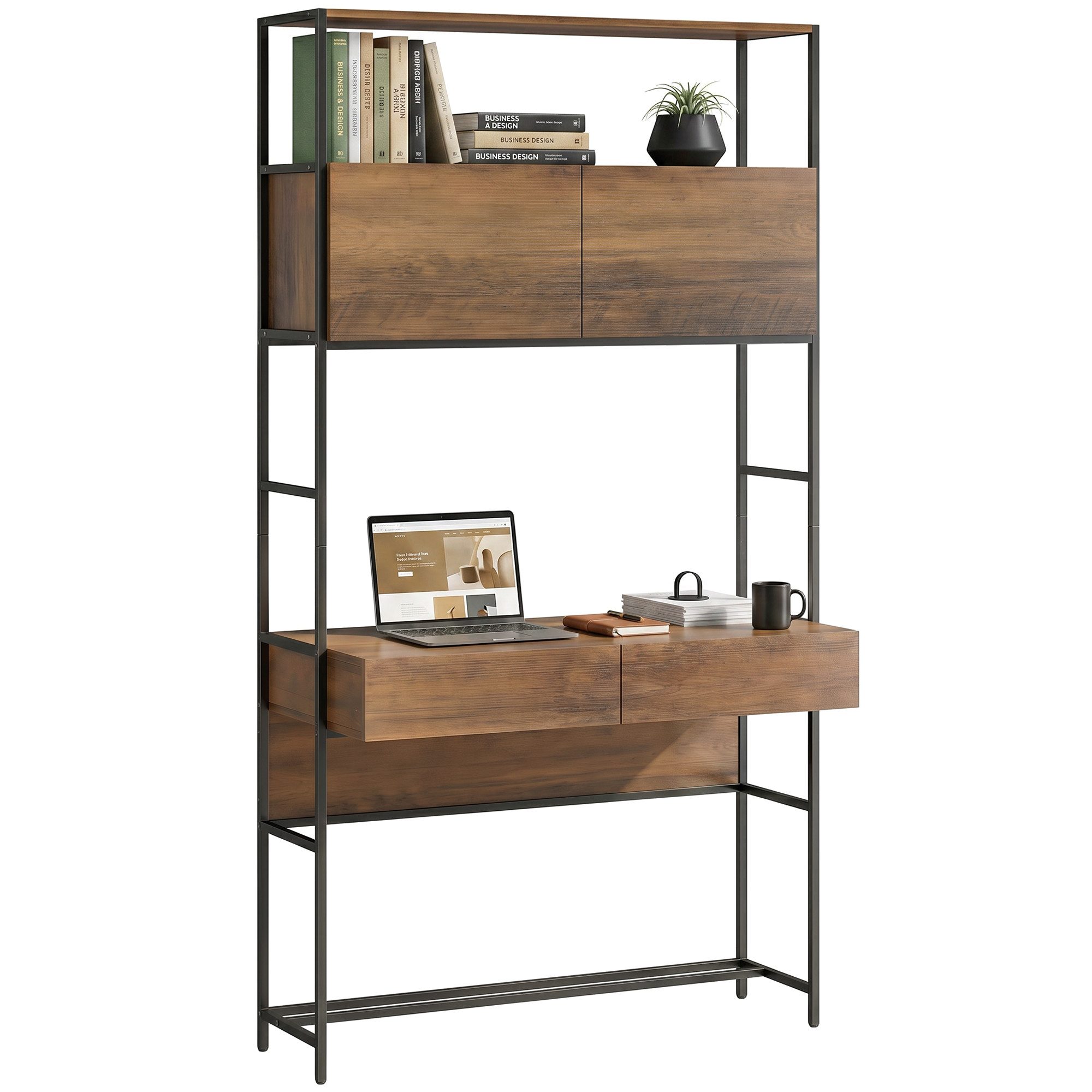 HOMCOM Schreibtisch Computertisch Bürotisch mit Regalen und Türen (Set, 1-St., 1 Tisch), für Homeoffice, Wohnzimmer, Braun