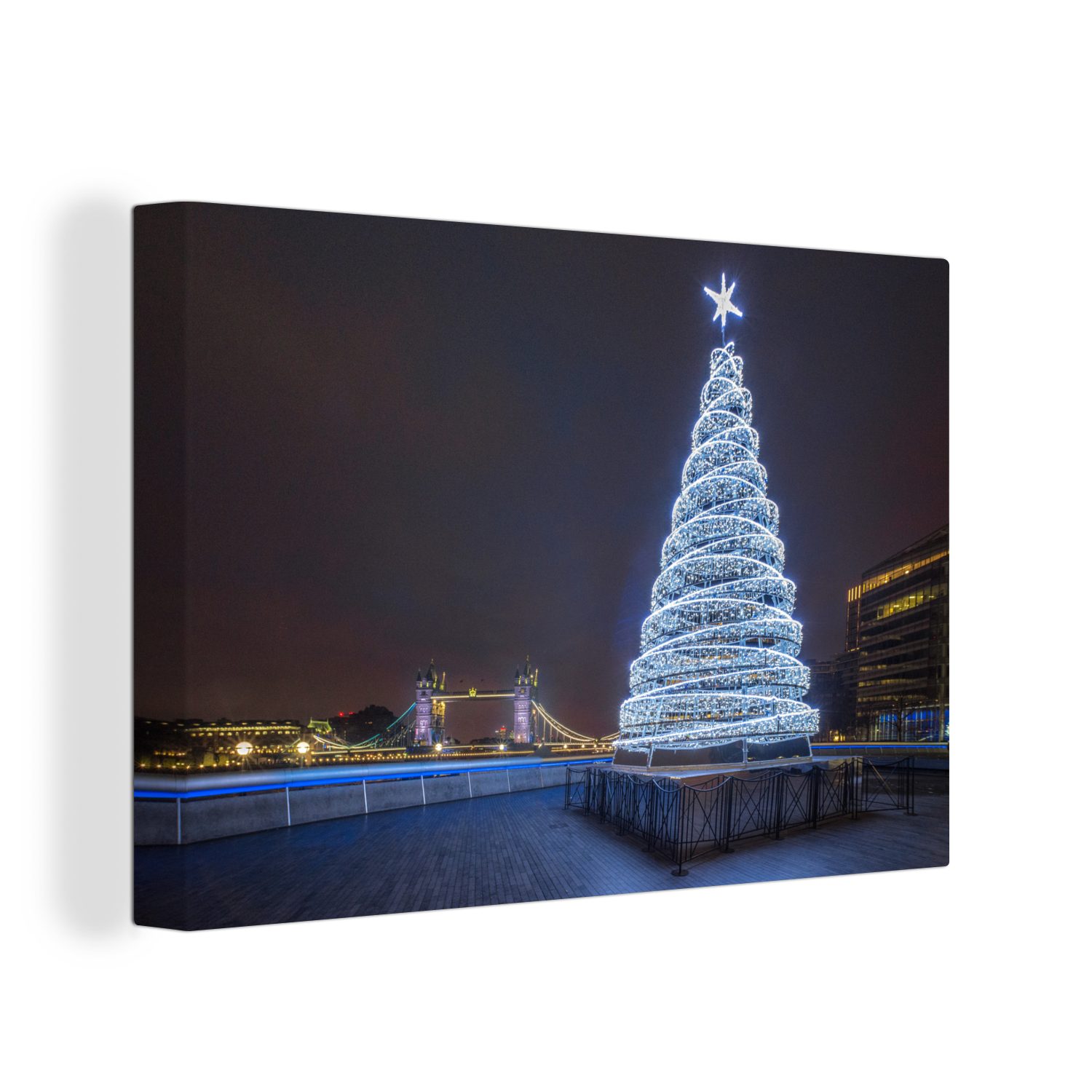 30x20 Leinwandbilder, an St), Aufhängefertig, (1 Tower England, Bridge in Weihnachtsbaum Wanddeko, der Wandbild OneMillionCanvasses® beleuchteter Ein Leinwandbild cm