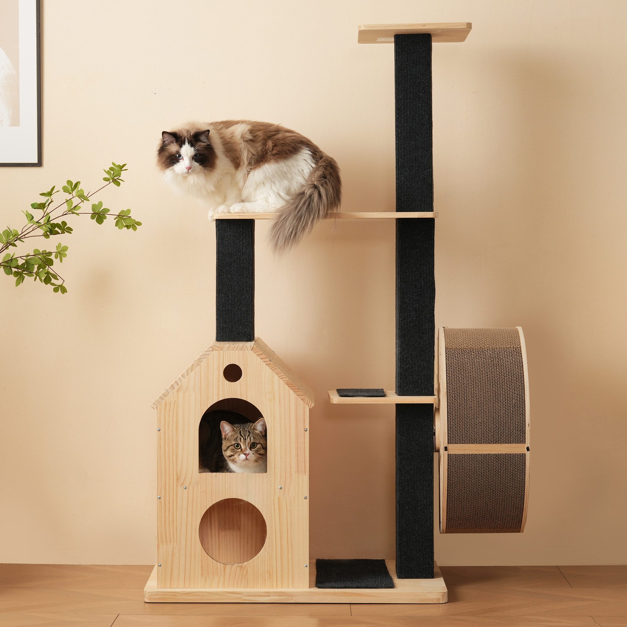 STILVORA Kratzbaum Massivholz Katzenklettergerüst mit Laufrad,Katzenlaufrad günstig online kaufen