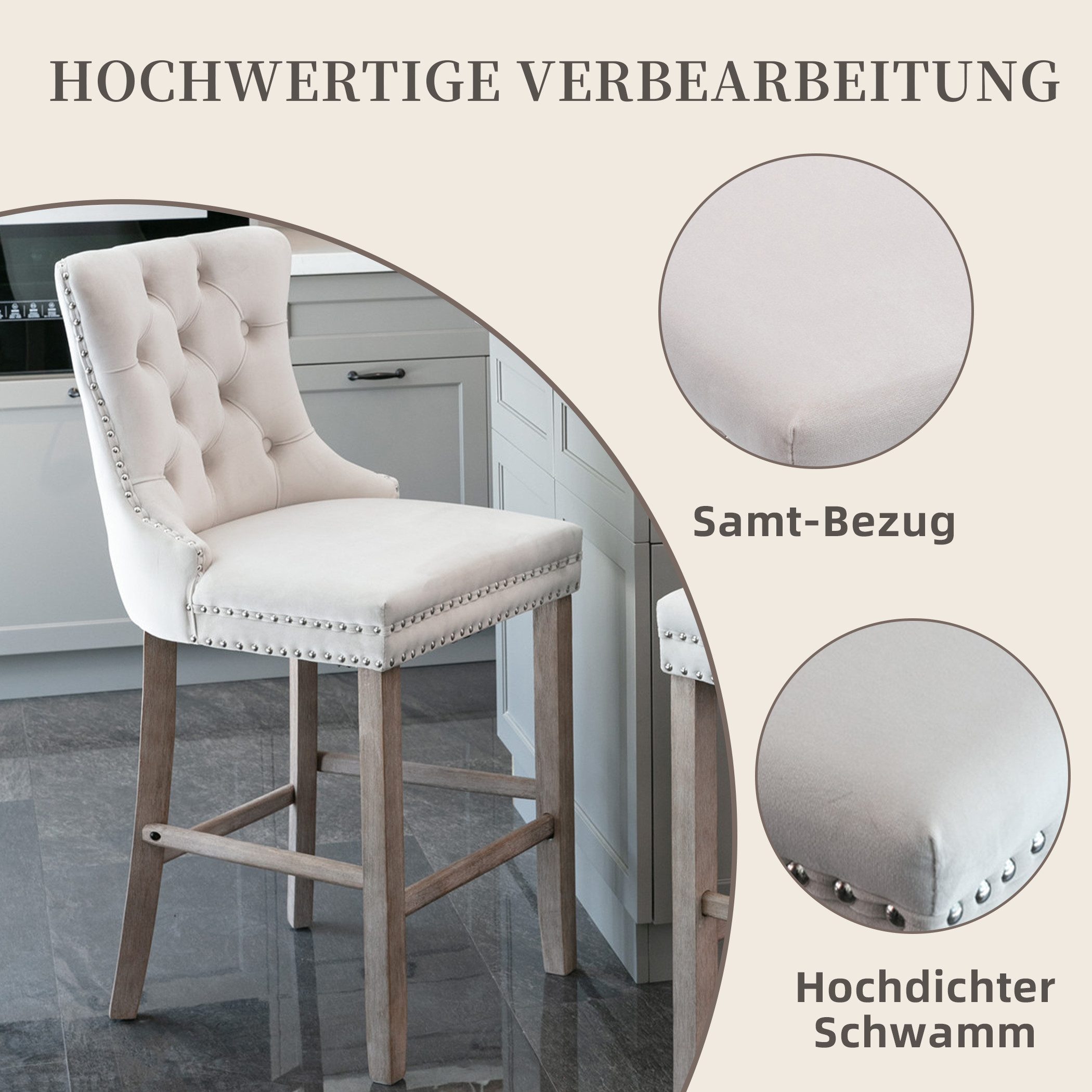 SeedWave Barhocker Mit Rückenlehne, 2er-Set Samt Barstuhl mit Verstellbaren Schrauben, Polsterhocker inkl. 4 Holzfüße mit Fußstütze, Nieten und Knopf-Design