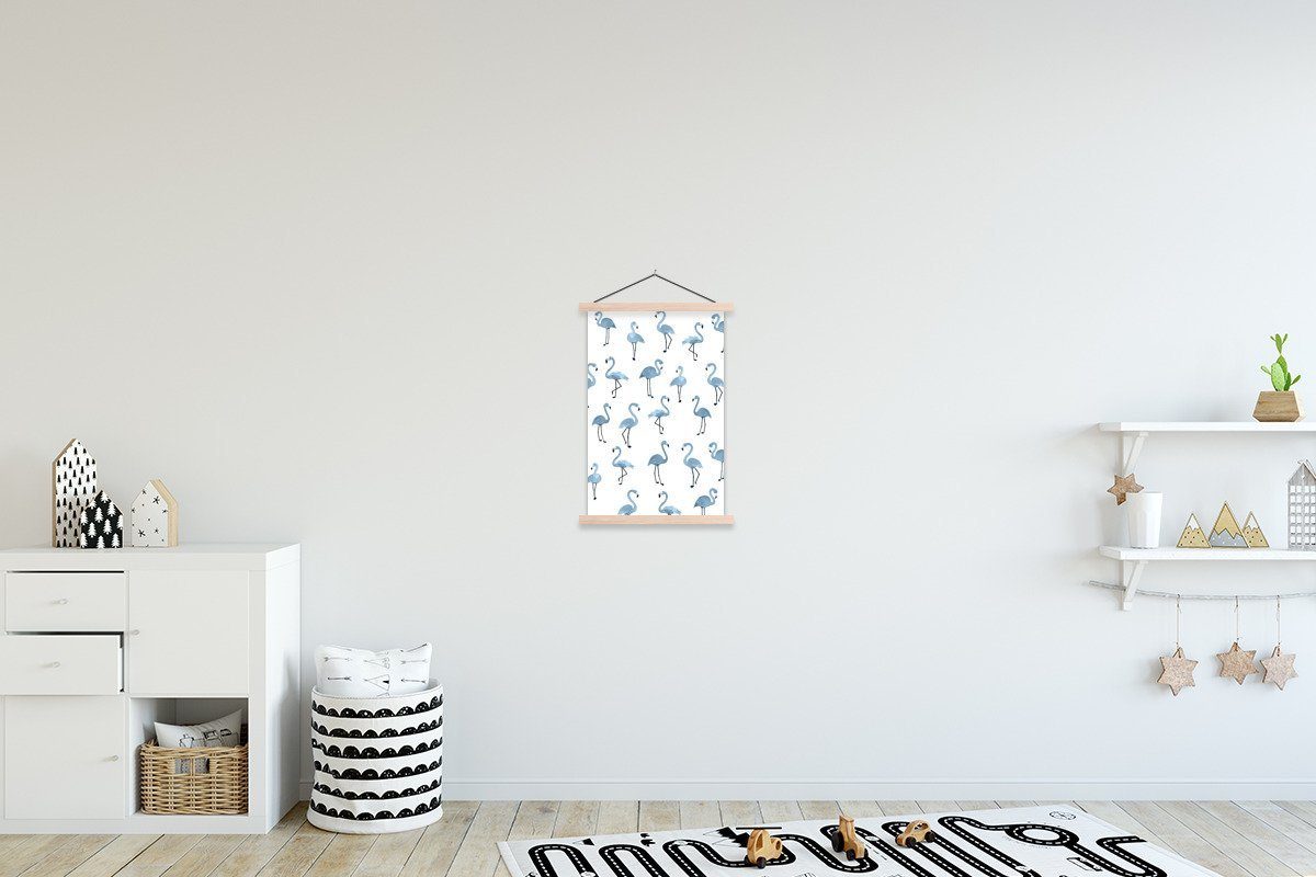 MuchoWow Poster Blau - Flamingo - Muster, (1 St), Posterleiste, Textilposter für Wohnzimmer, Bilderleiste, Magnetisch