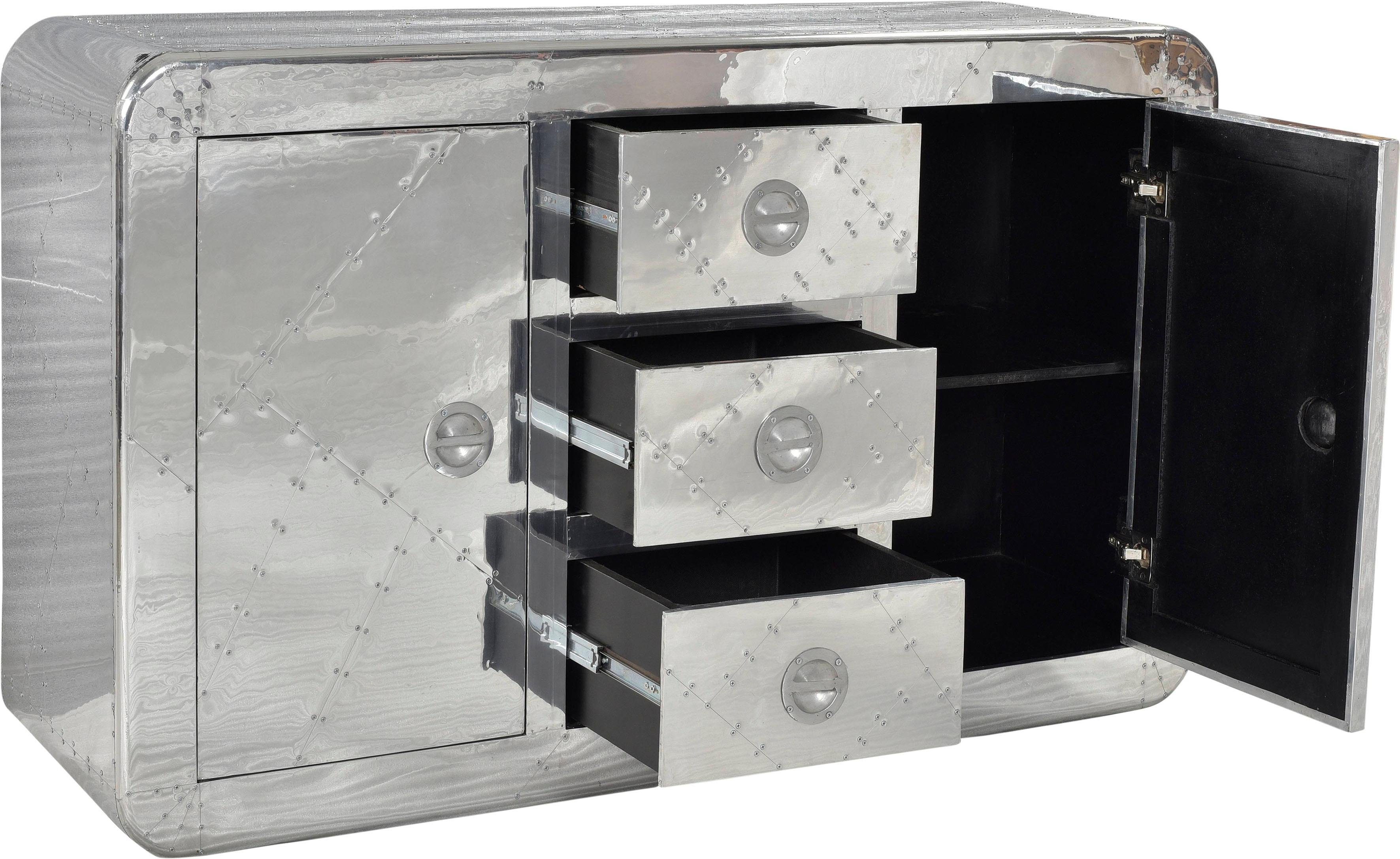 SIT Sideboard Kommode AIRMAN in moderner Flugzeugoptik mit 3 Schubladen, Futuristisches Factory‑Design mit glänzenden Alu‑Modulen
